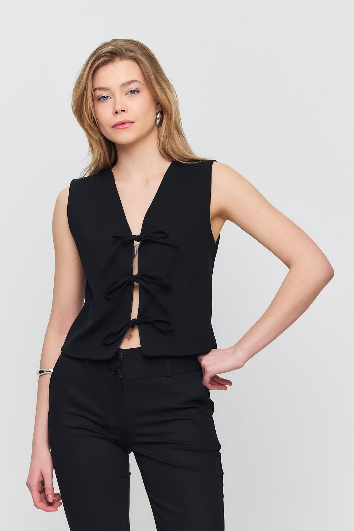 6645 Bağcıklı Sıfır Kol Yelek Siyah - 3