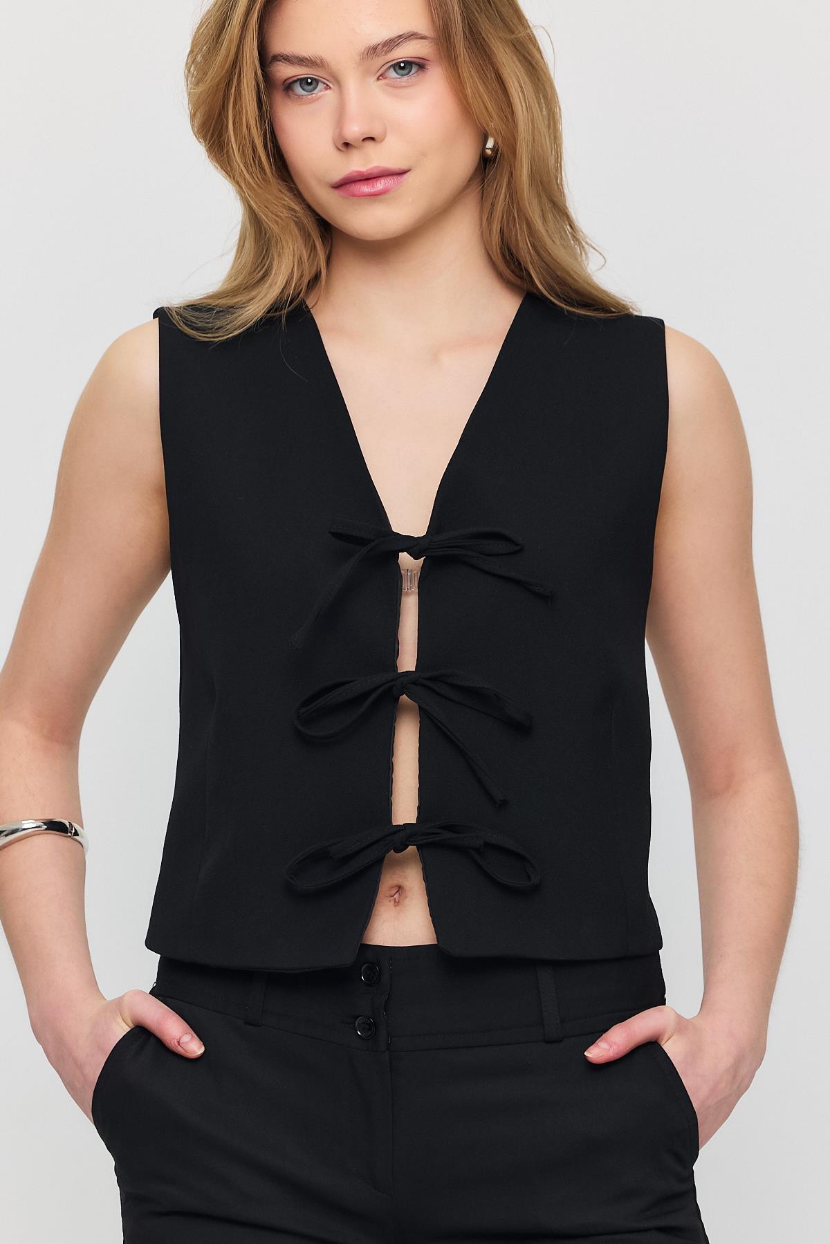 6645 Bağcıklı Sıfır Kol Yelek Siyah - 4