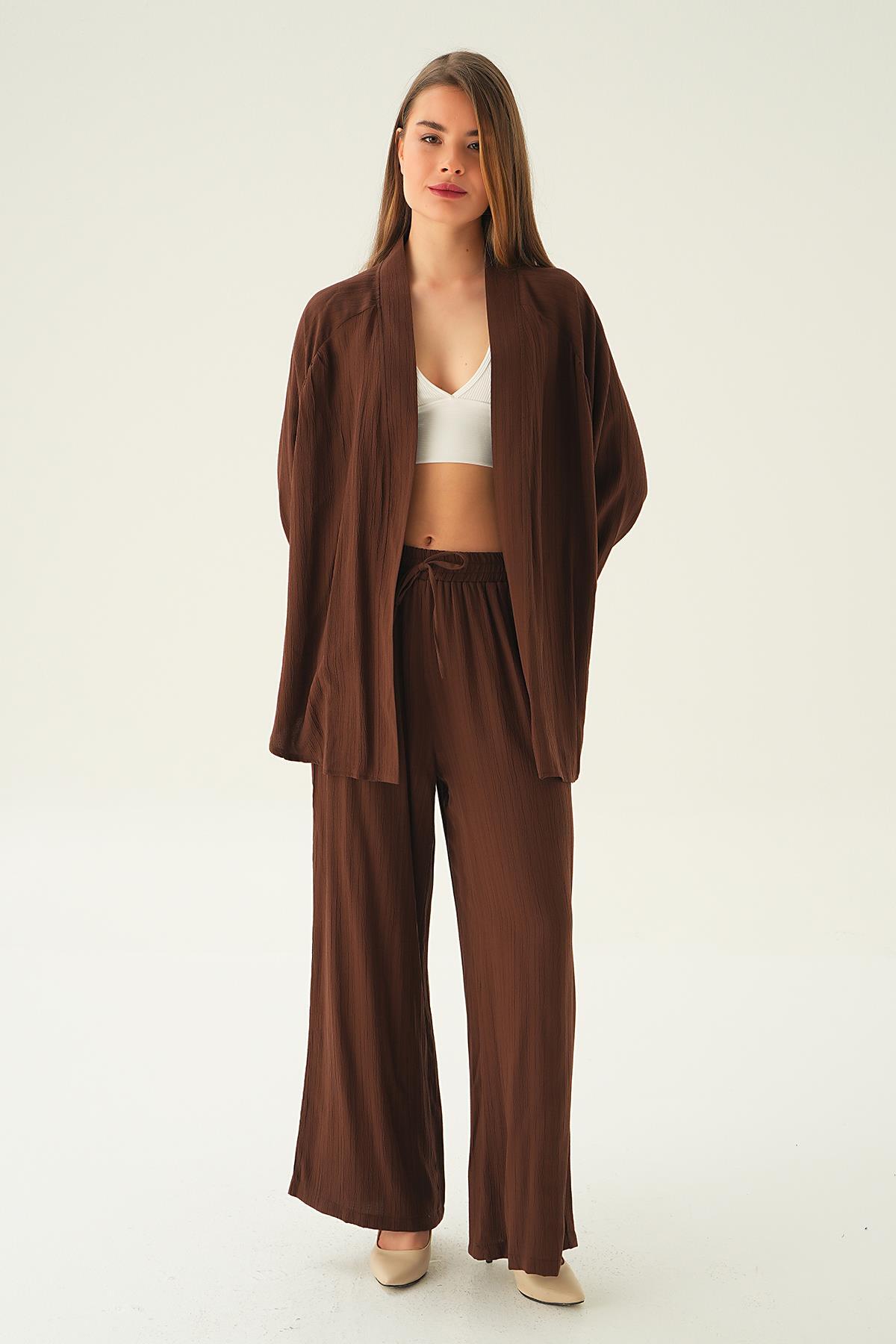 Kahve Kimono Pantolon Takım 6657A - 1