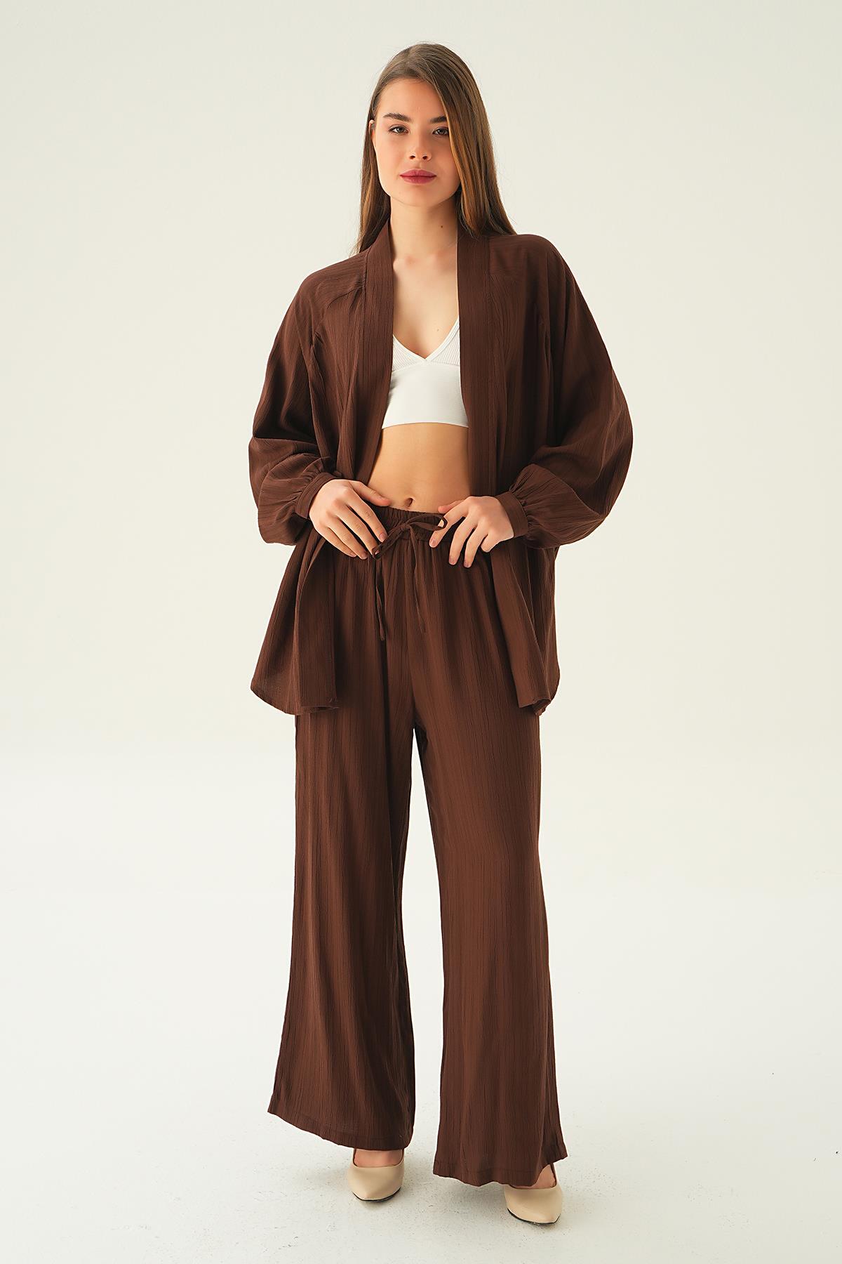 Kahve Kimono Pantolon Takım 6657A - 5