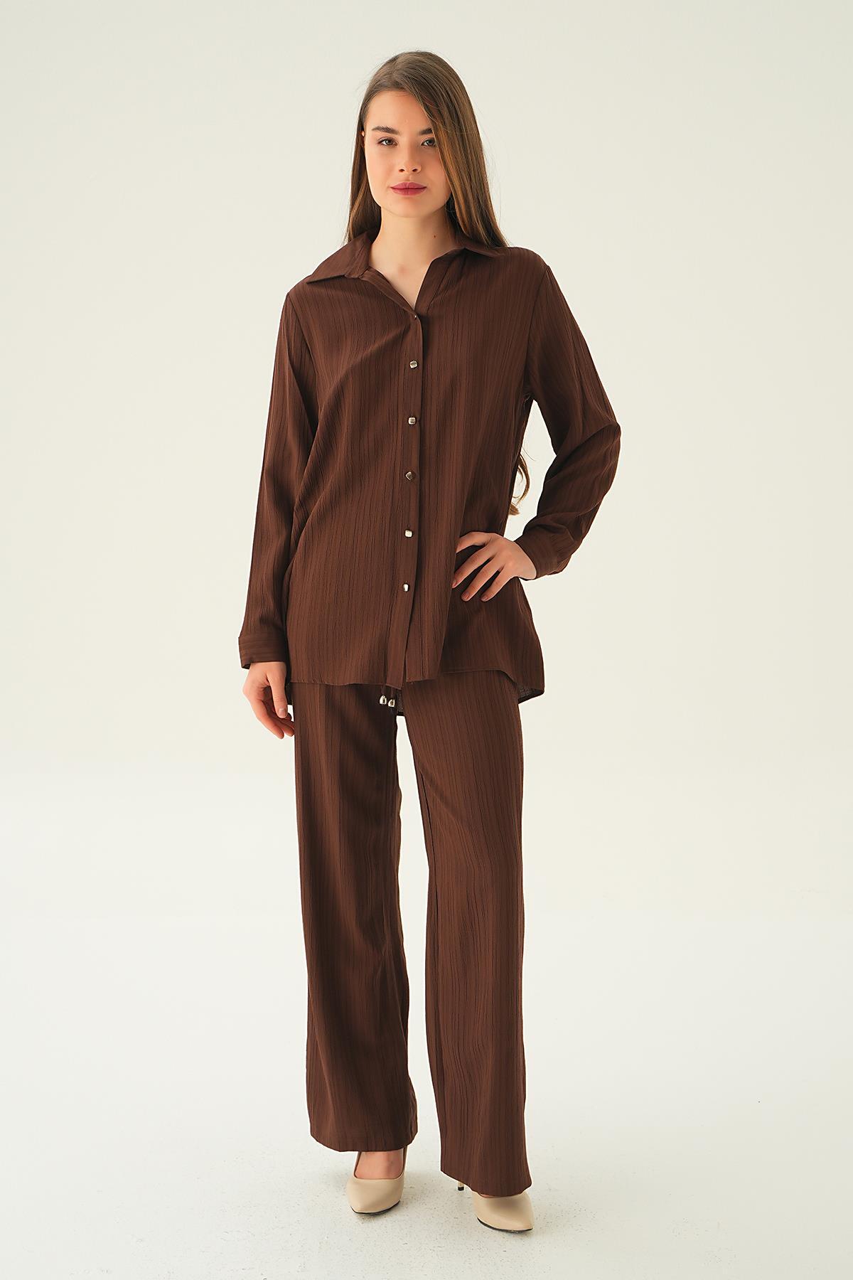 6666A Kolyeli Gömlek Pantolon Takım Kahve 