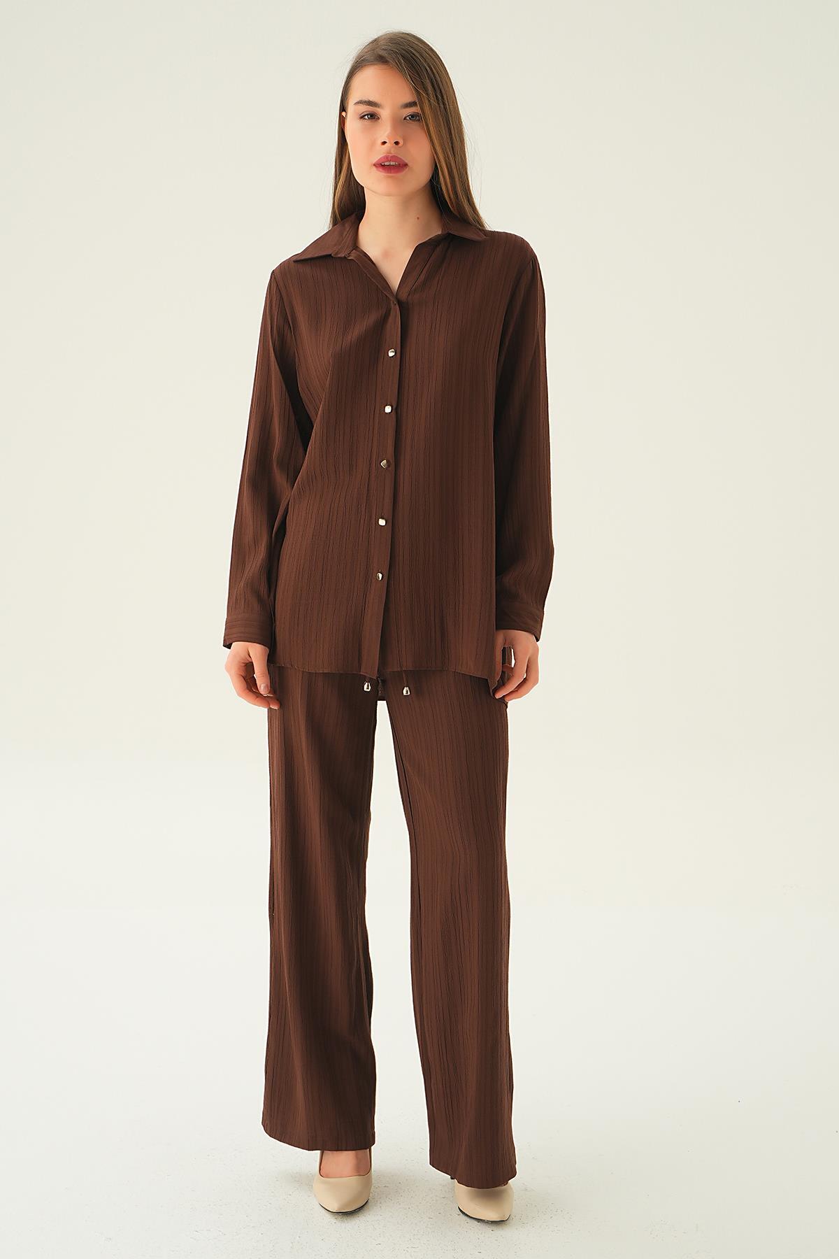 6666A Kolyeli Gömlek Pantolon Takım Kahve - 6