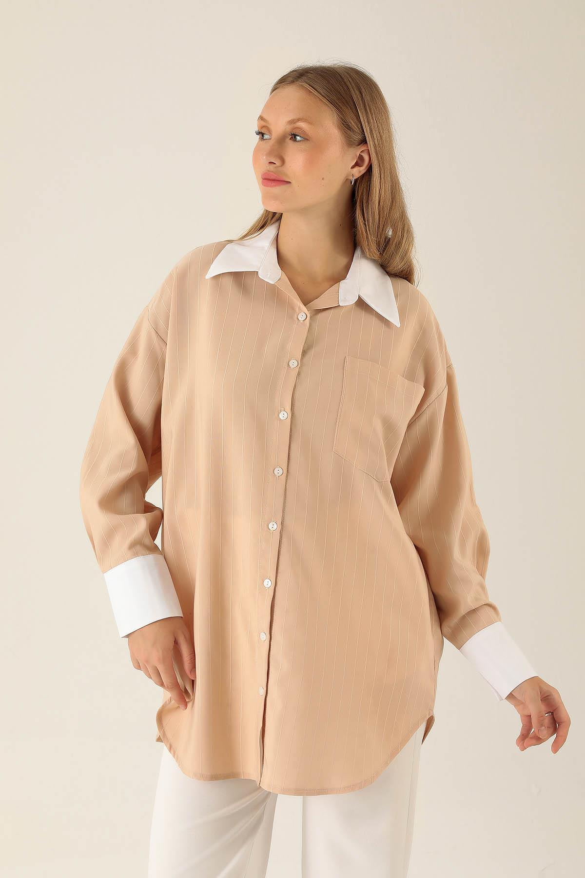 6672-1 Çizgili Balon Kol Gömlek Bej 