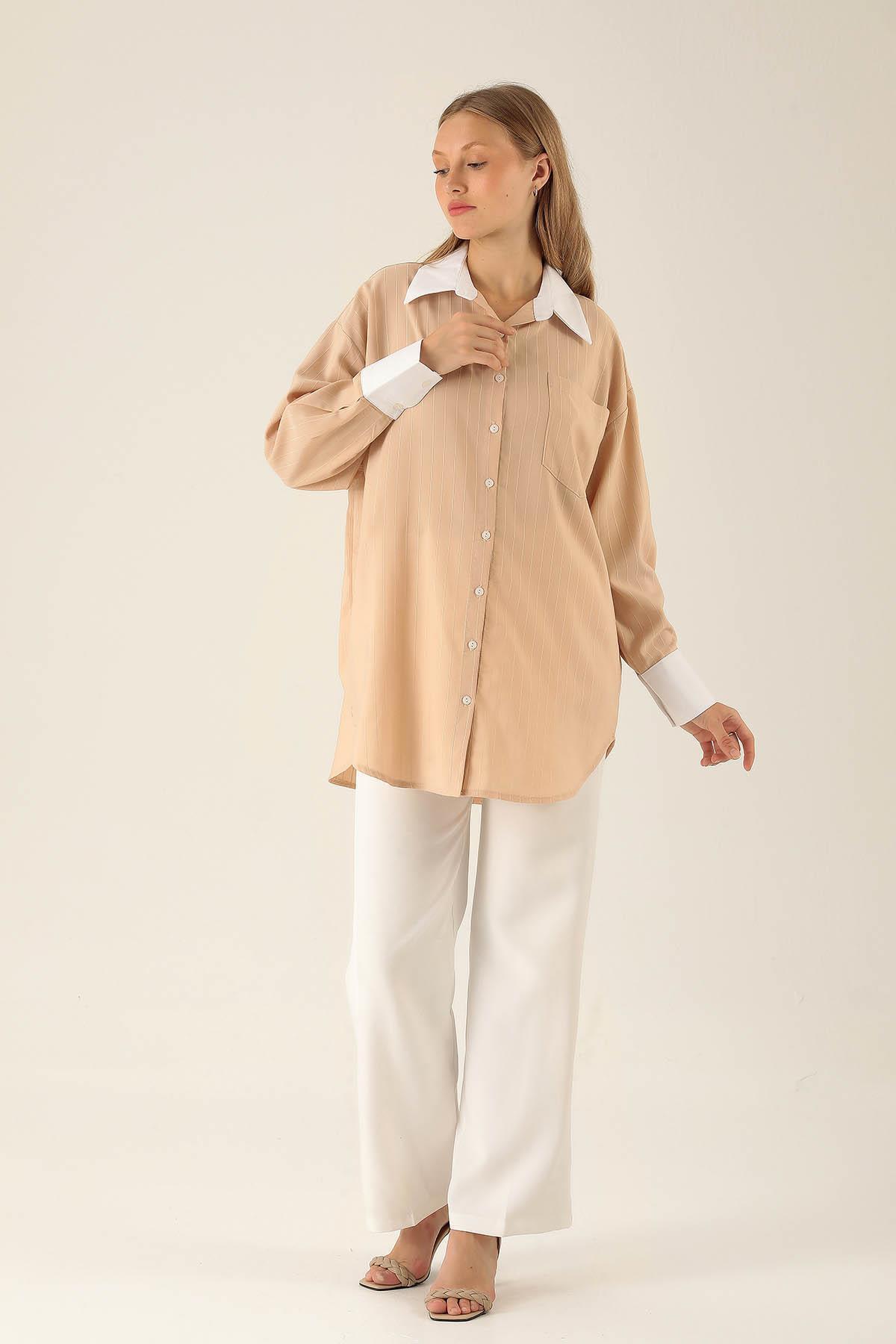 6672-1 Çizgili Balon Kol Gömlek Bej - 3