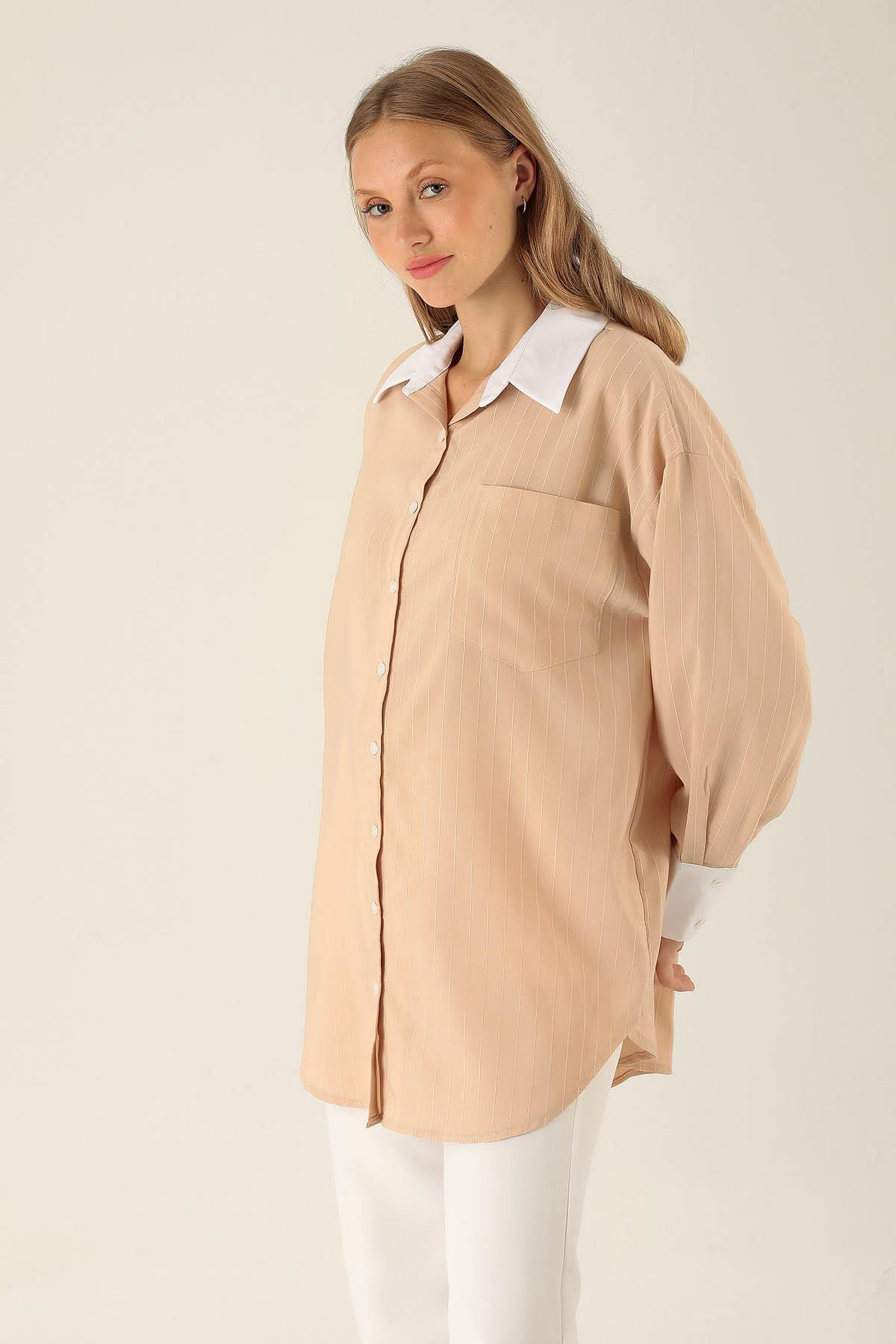 6672-1 Çizgili Balon Kol Gömlek Bej - 4