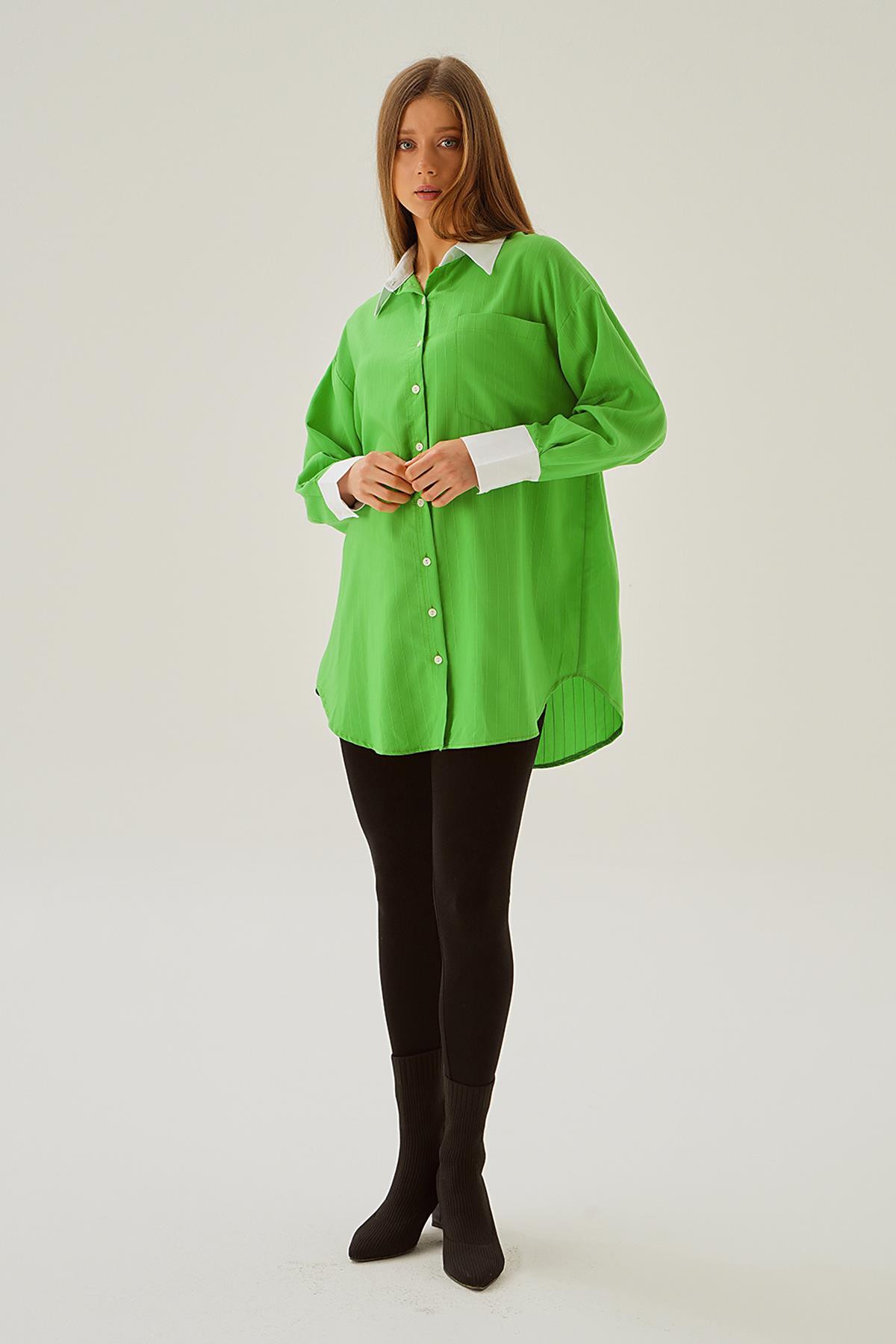 6672-1 Çizgili Balon Kol Gömlek Benetton Yeşili - 1