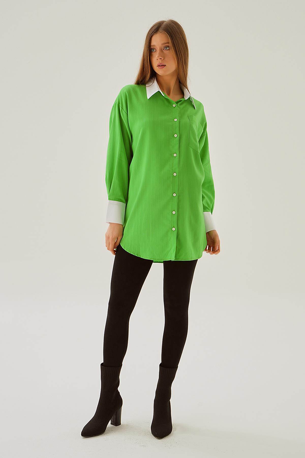 6672-1 Çizgili Balon Kol Gömlek Benetton Yeşili - 2