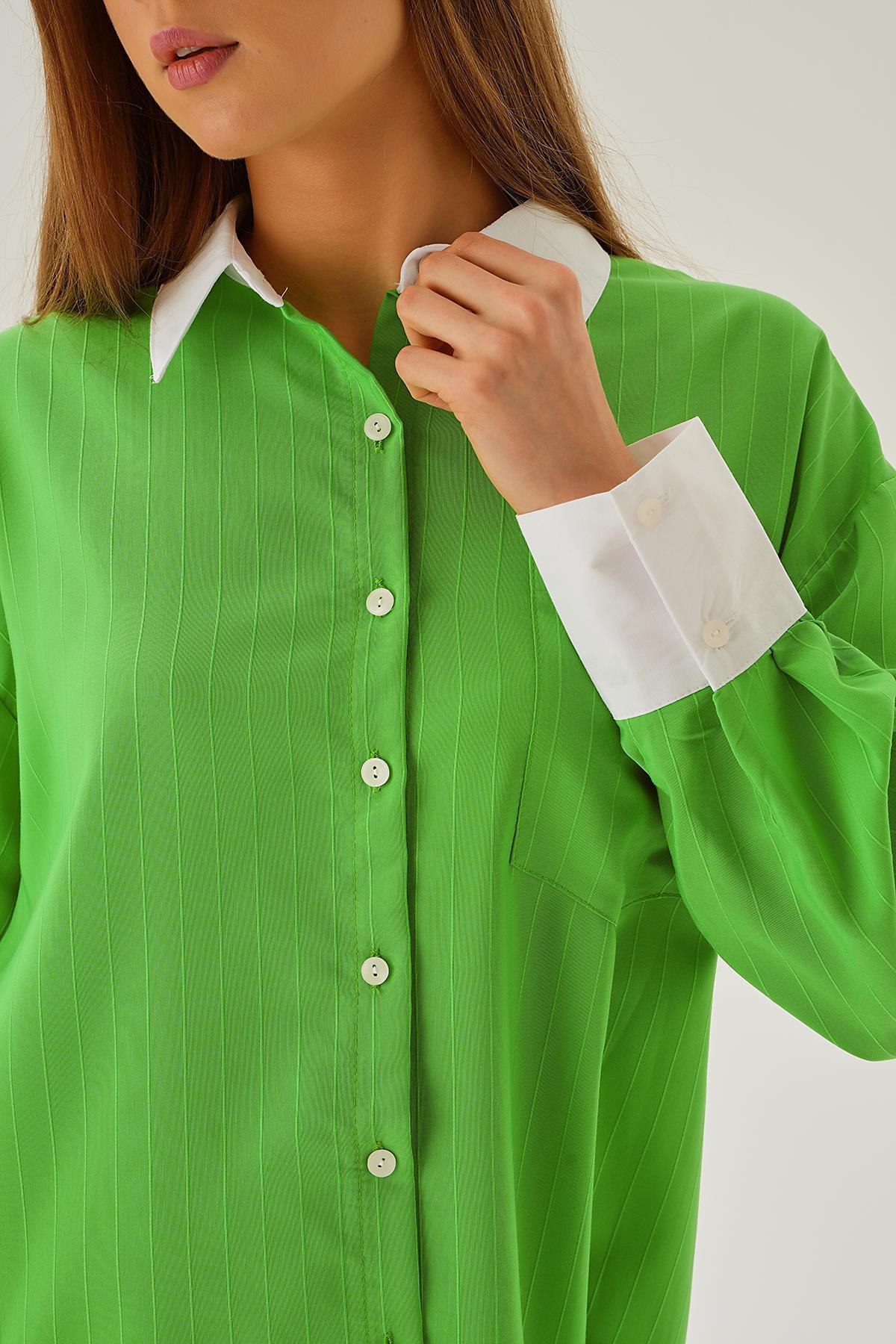 6672-1 Çizgili Balon Kol Gömlek Benetton Yeşili - 6