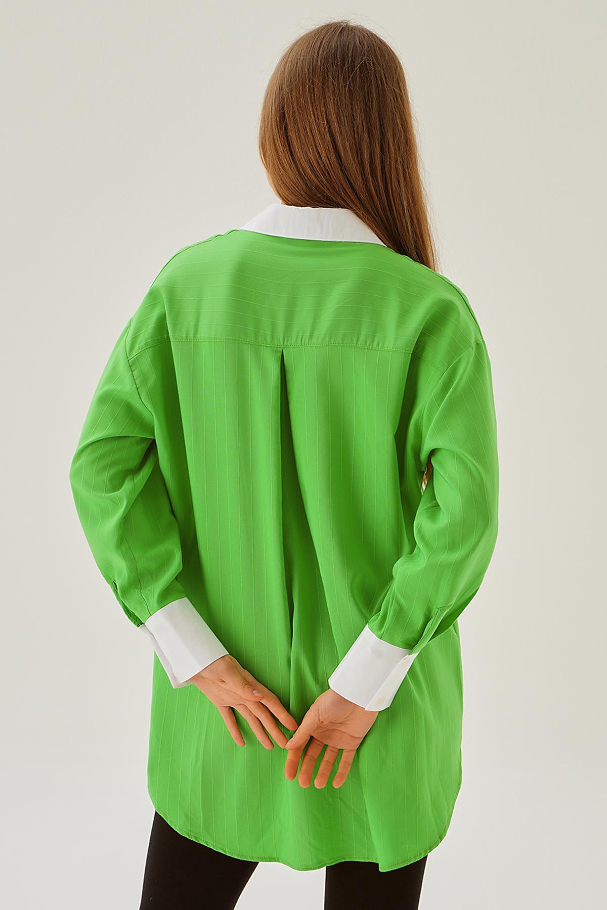 Benetton Yeşili Çizgili Balon Kol Gömlek 6672-1 - 3