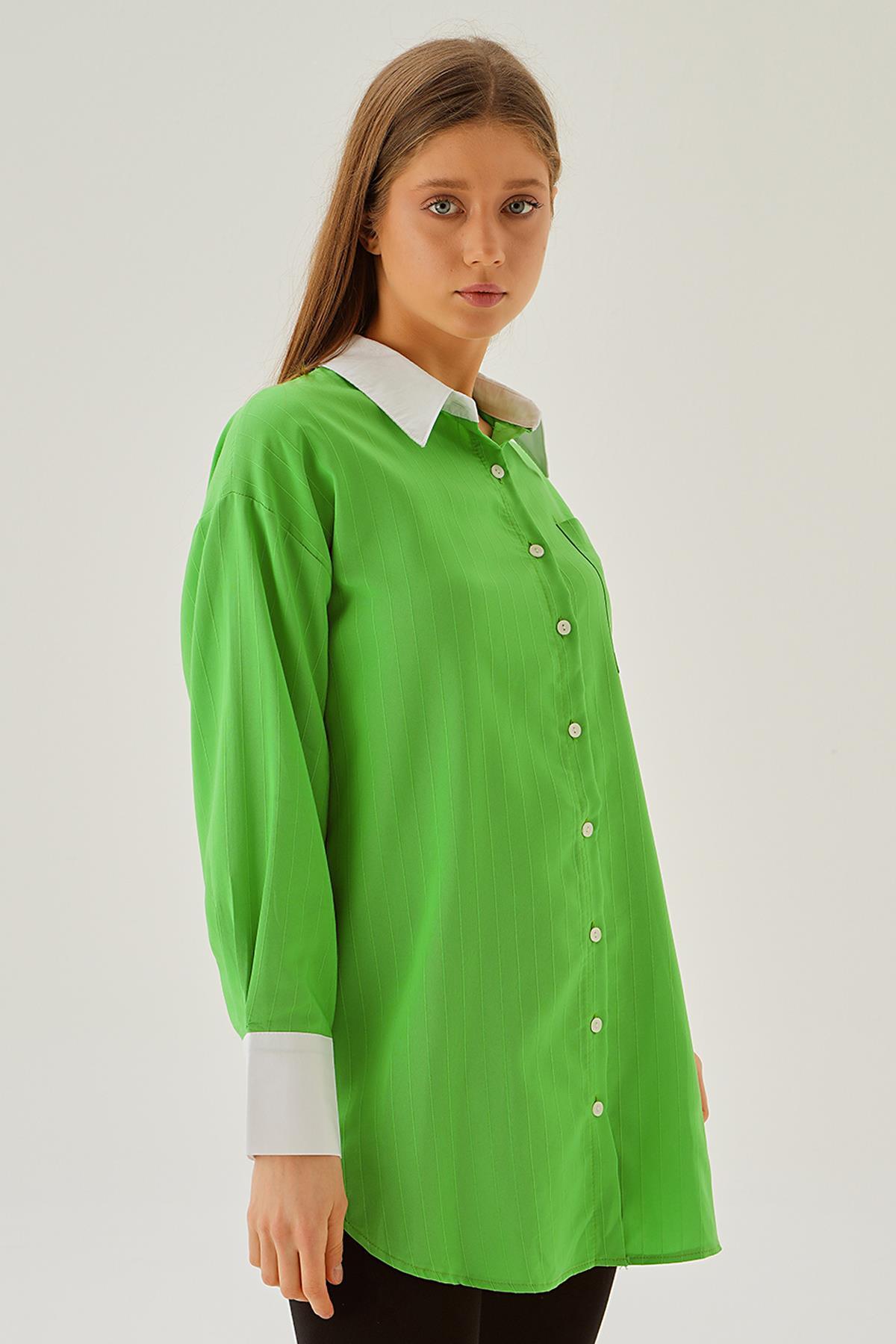 Benetton Yeşili Çizgili Balon Kol Gömlek 6672-1 - 4