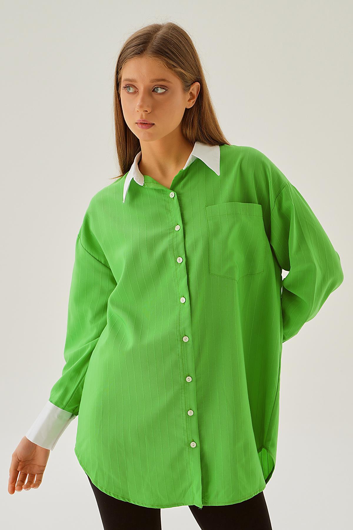 Benetton Yeşili Çizgili Balon Kol Gömlek 6672-1 - 5