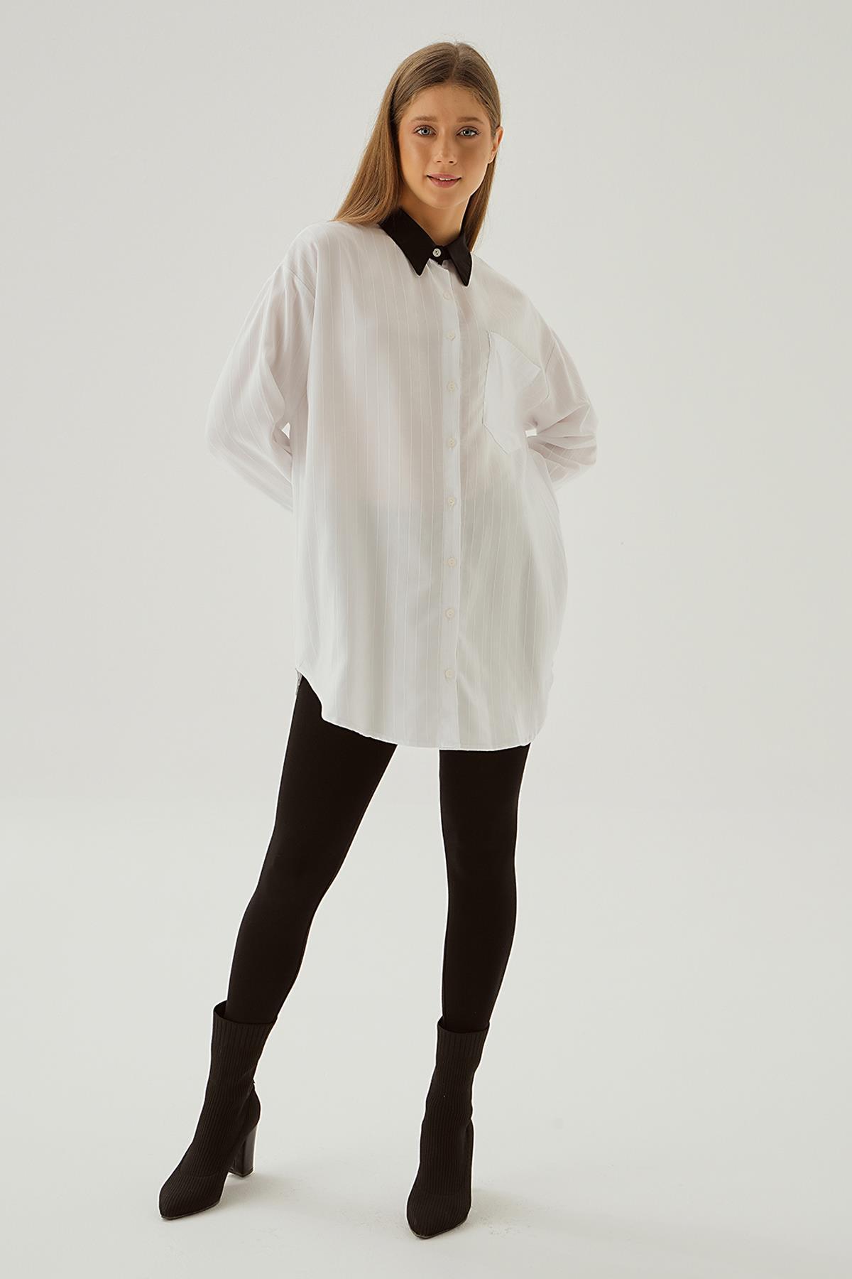 6672-1 Çizgili Balon Kol Gömlek Beyaz - 1