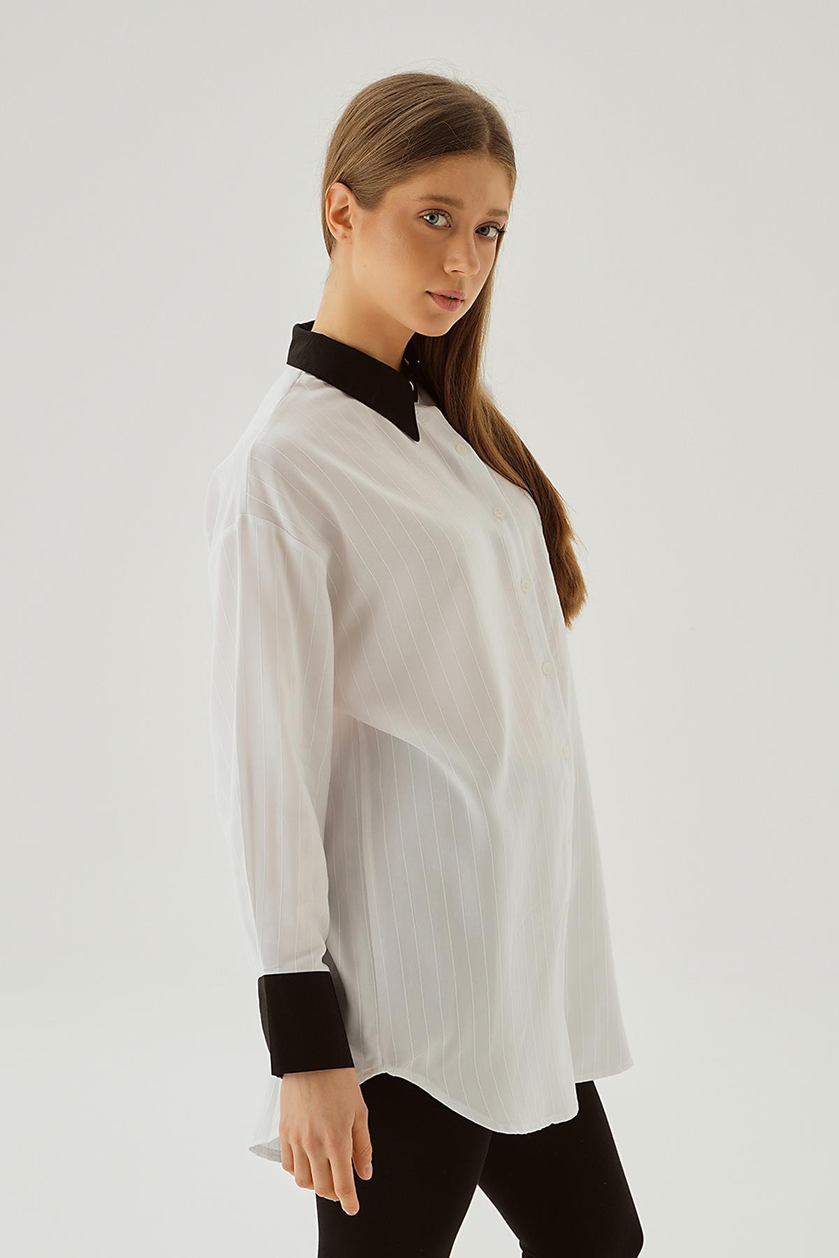 6672-1 Çizgili Balon Kol Gömlek Beyaz - 3