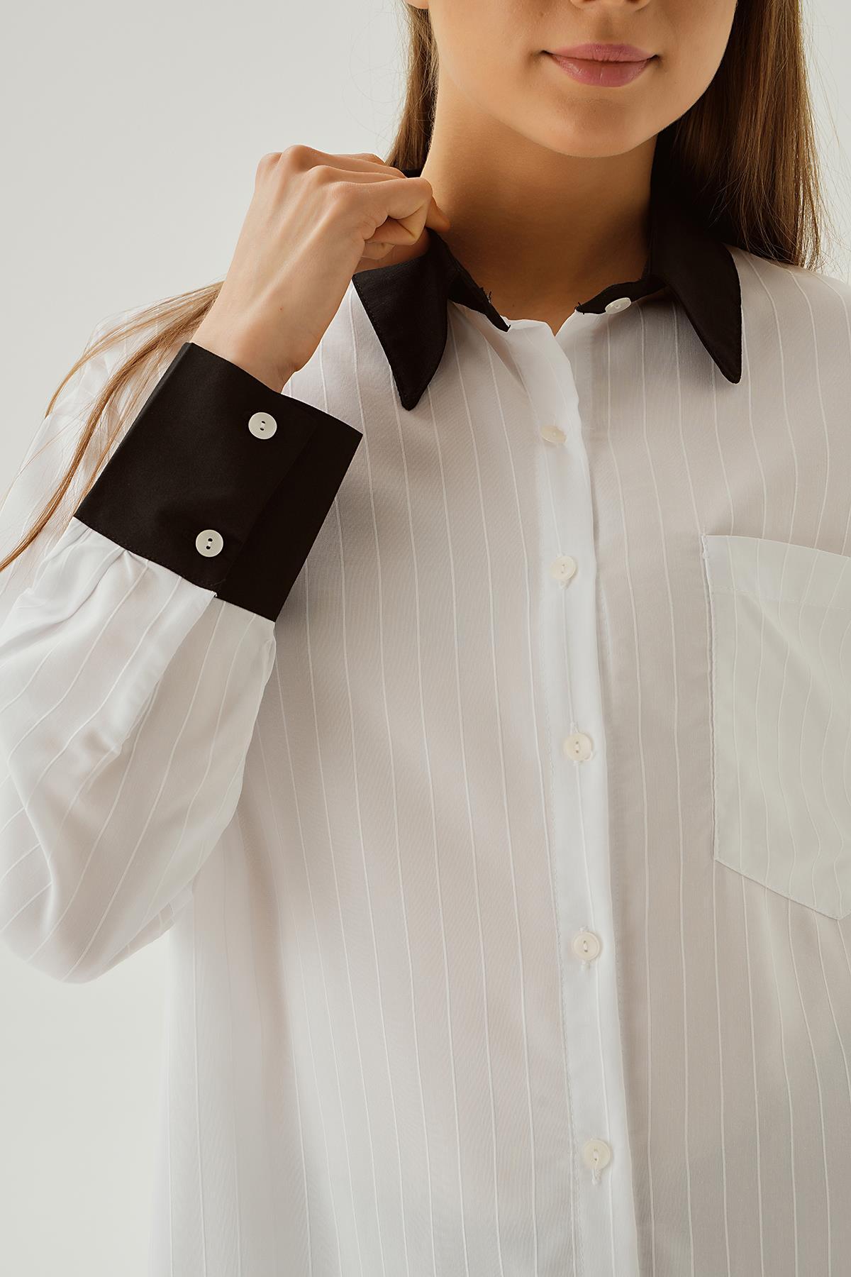 6672-1 Çizgili Balon Kol Gömlek Beyaz - 5