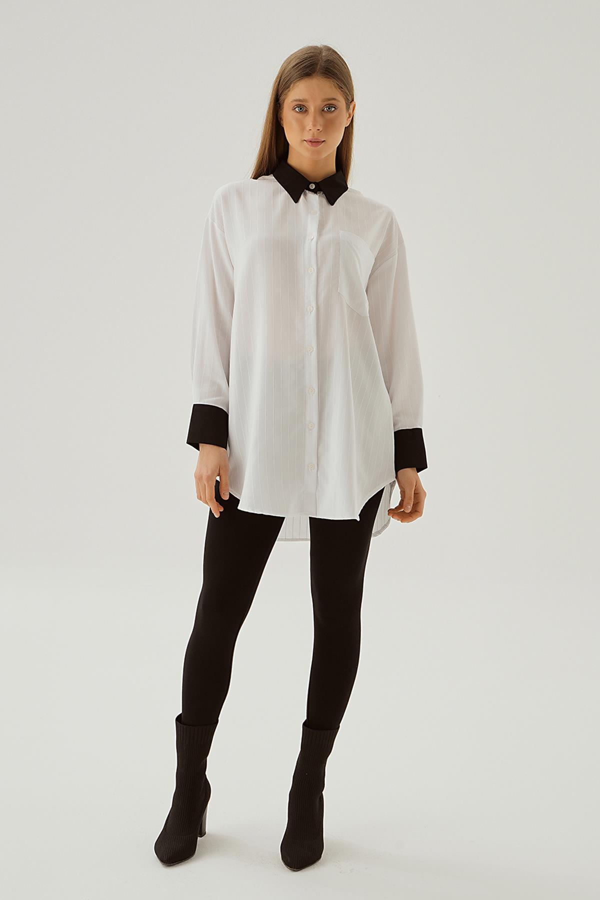 6672-1 Çizgili Balon Kol Gömlek Beyaz - 6