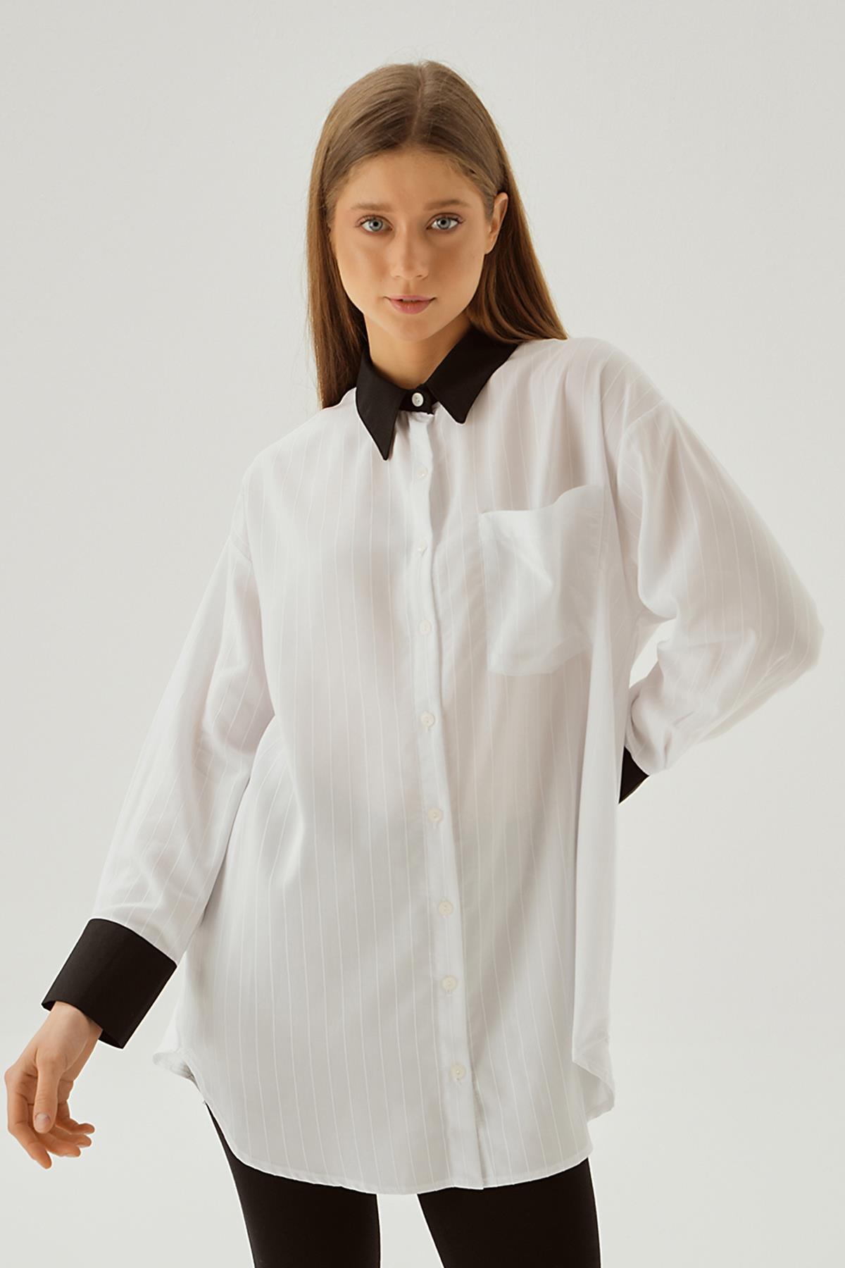 6672-1 Çizgili Balon Kol Gömlek Beyaz - 2
