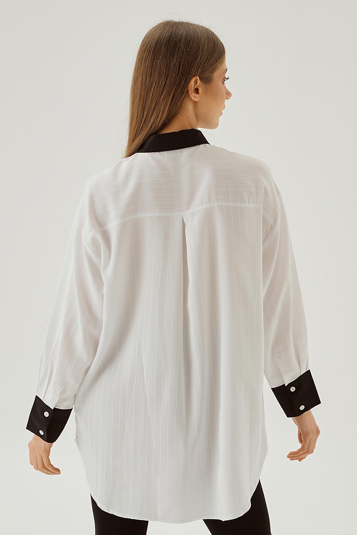 6672-1 Çizgili Balon Kol Gömlek Beyaz - 4