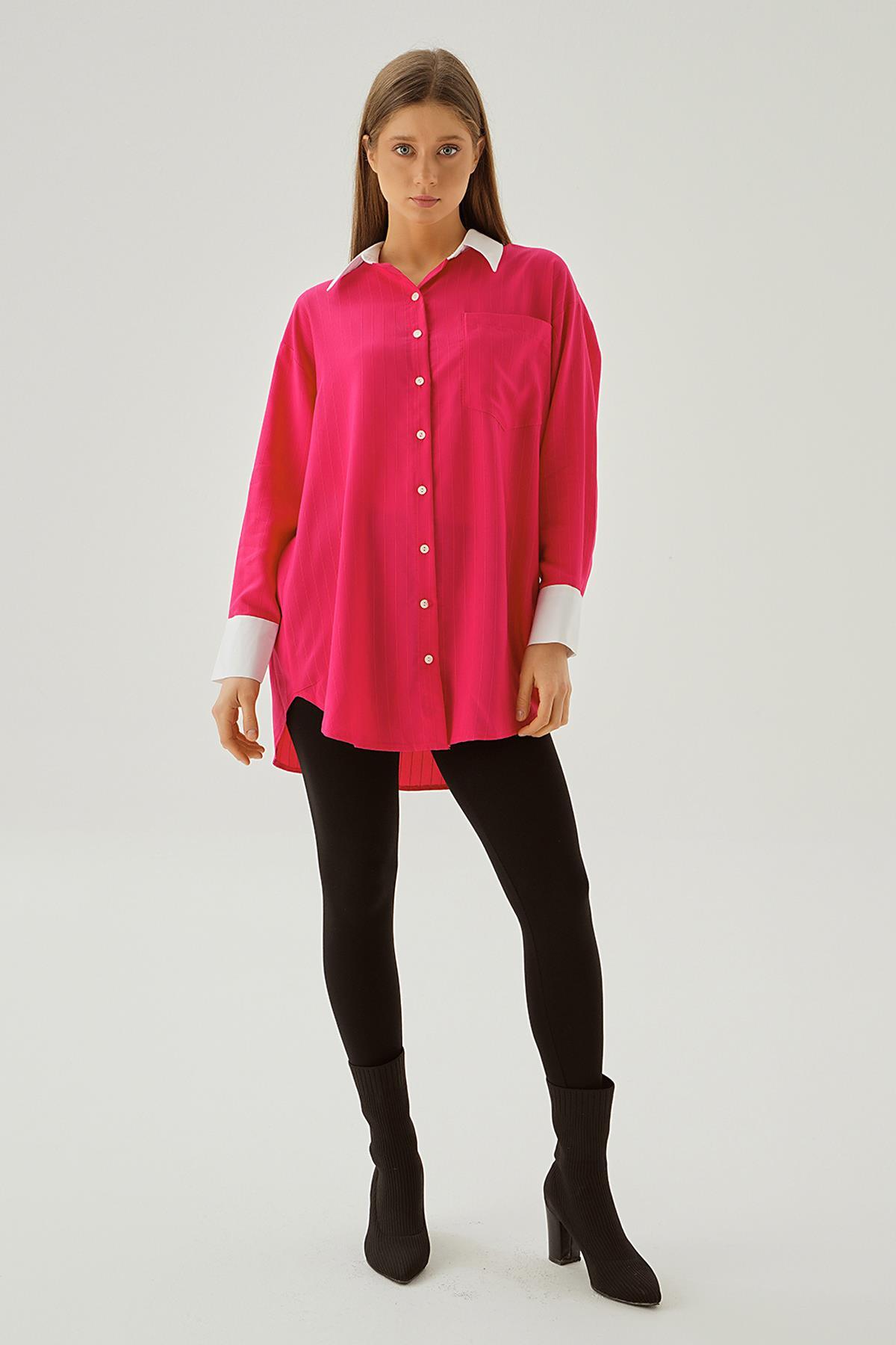 6672-1 Çizgili Balon Kol Gömlek Fuşya - 2