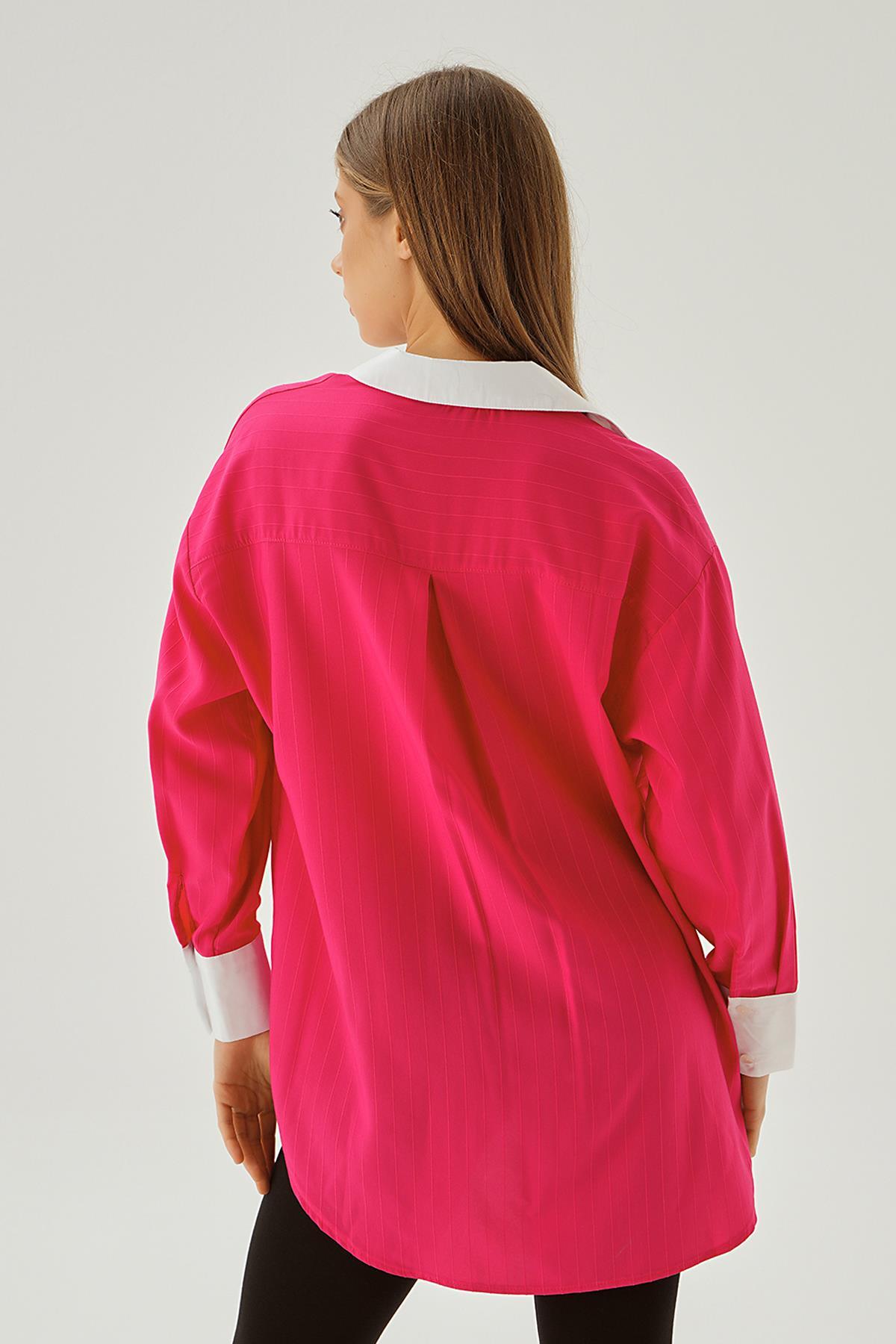 6672-1 Çizgili Balon Kol Gömlek Fuşya - 5