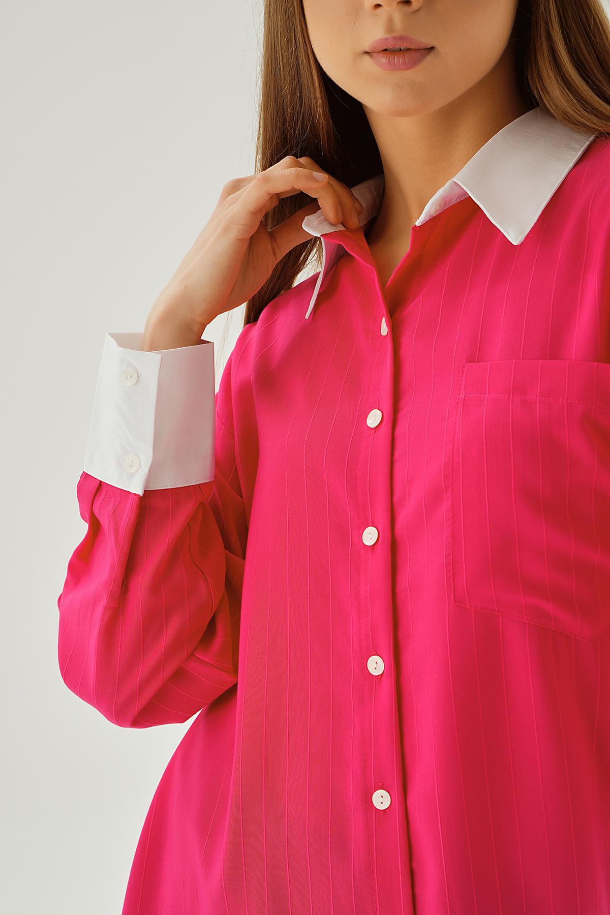 6672-1 Çizgili Balon Kol Gömlek Fuşya - 6