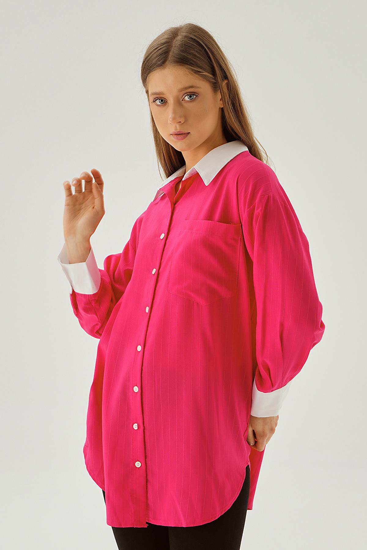 6672-1 Çizgili Balon Kol Gömlek Fuşya - 1