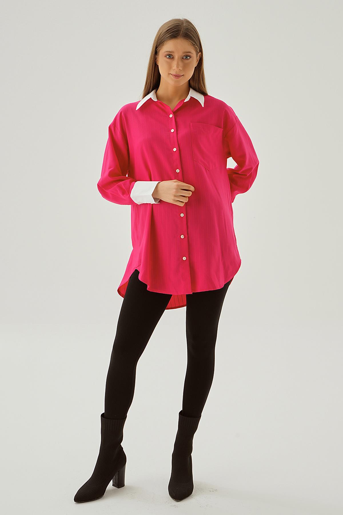 6672-1 Çizgili Balon Kol Gömlek Fuşya - 3