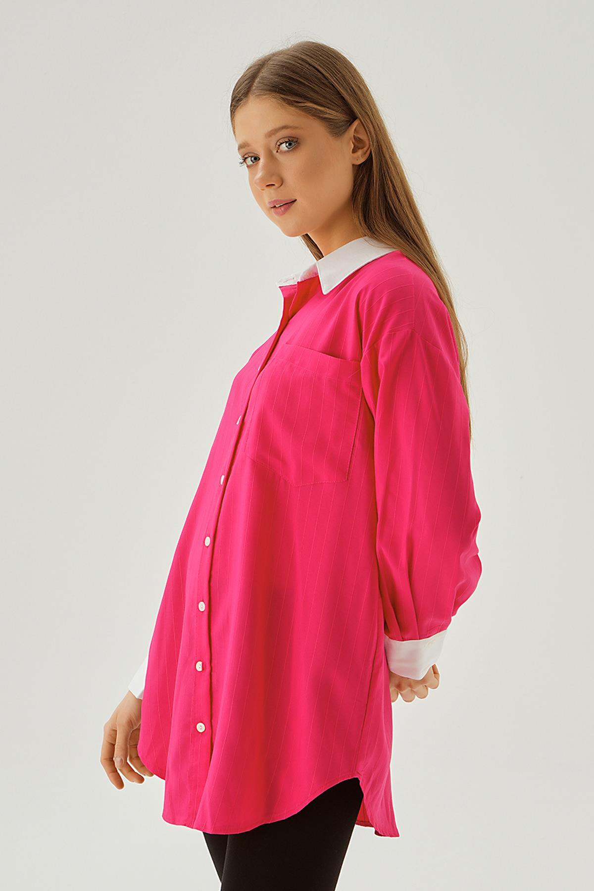 Fuşya Çizgili Balon Kol Gömlek 6672-1 - 4