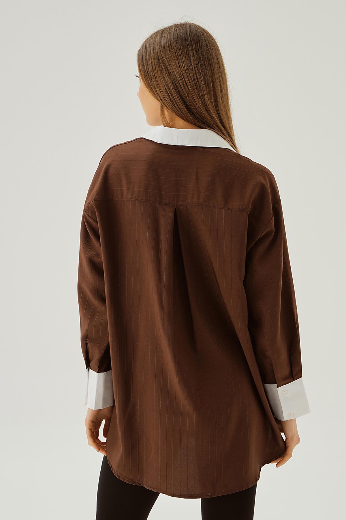 6672-1 Çizgili Balon Kol Gömlek Kahve - 4