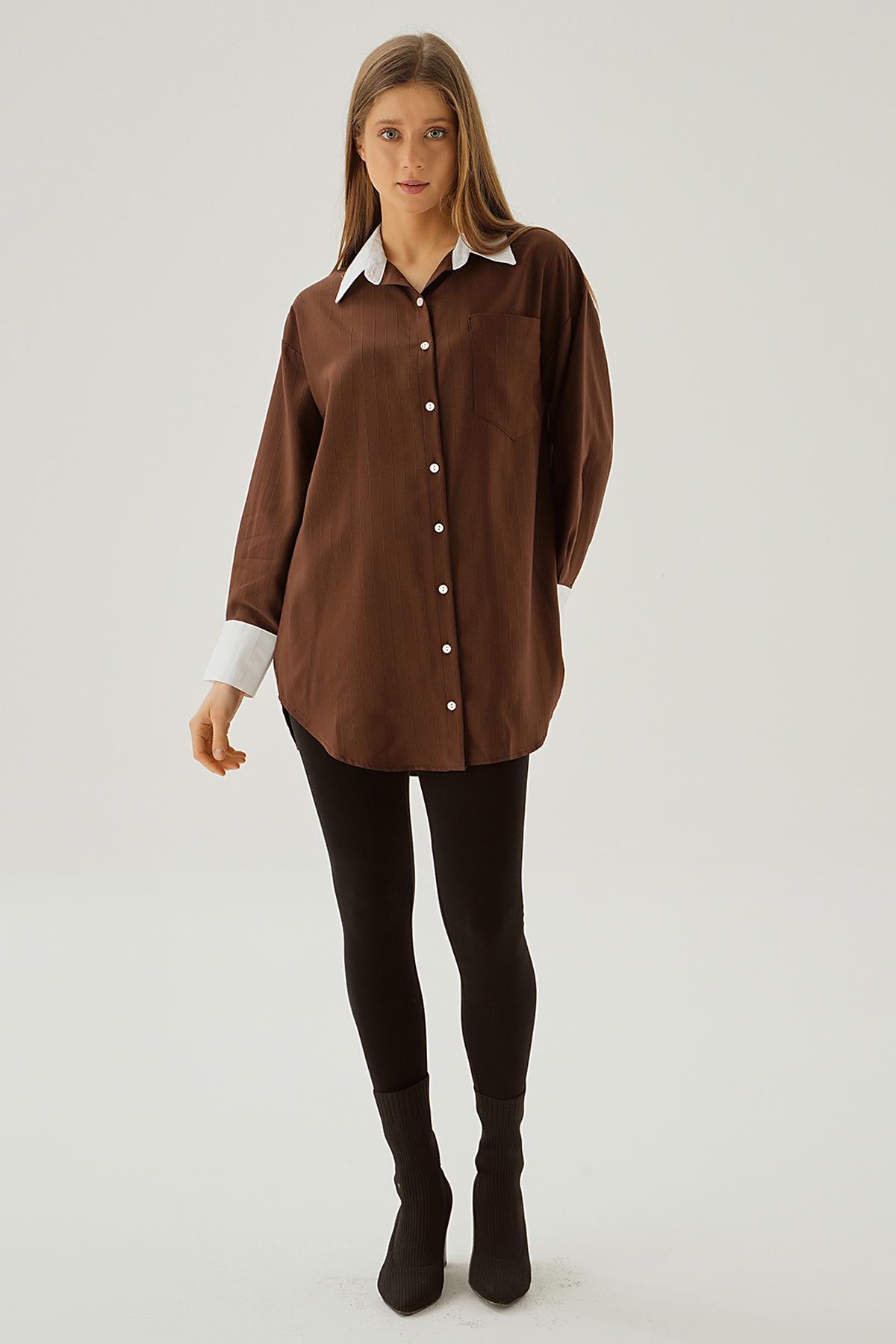 Kahve Çizgili Balon Kol Gömlek 6672-1 