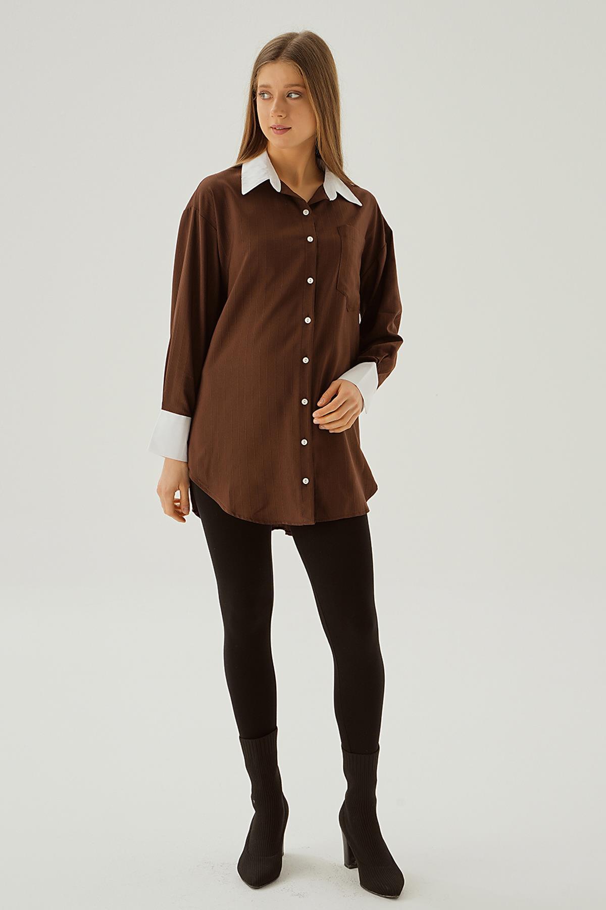 Kahve Çizgili Balon Kol Gömlek 6672-1 - 3