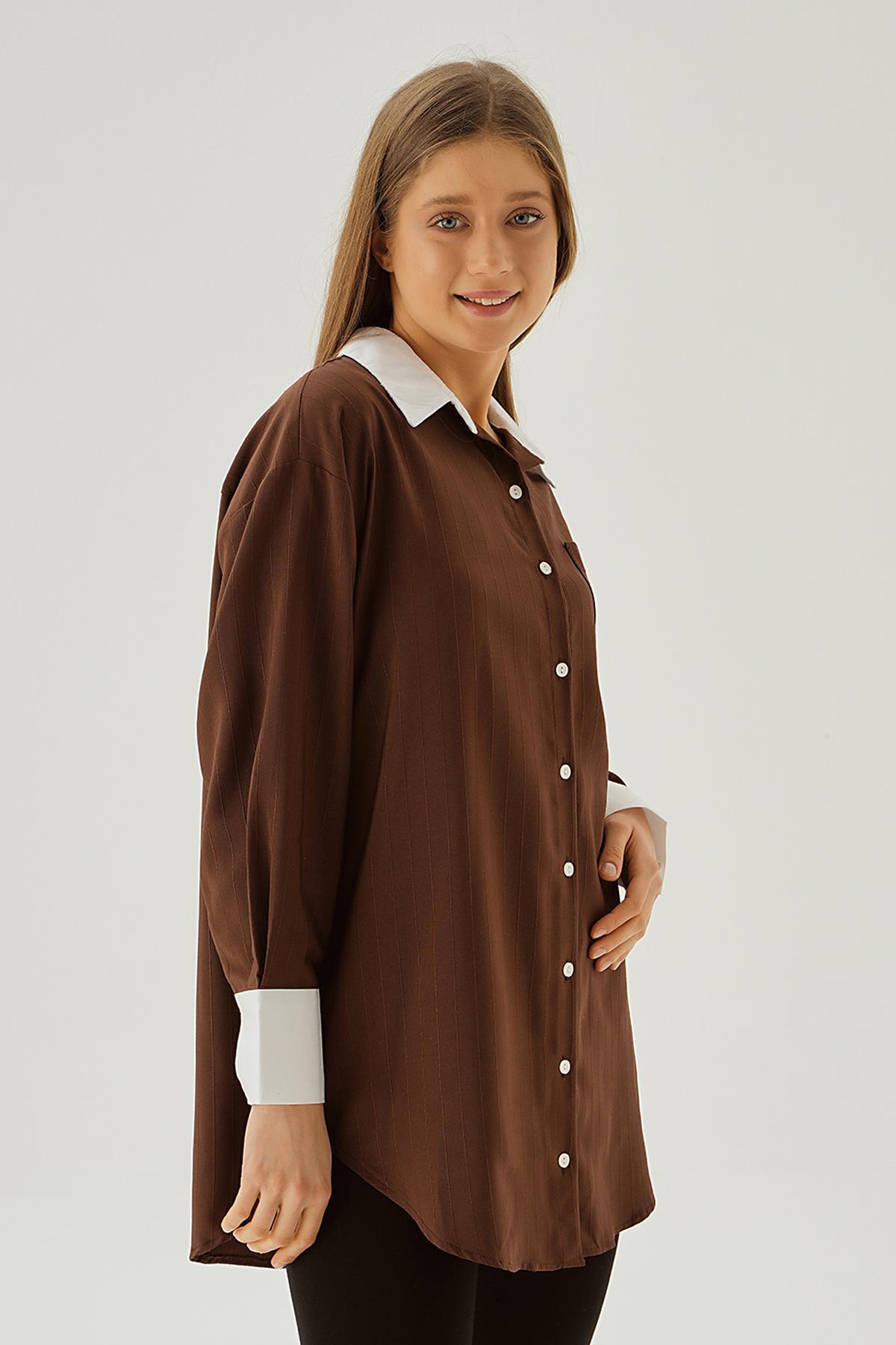 Kahve Çizgili Balon Kol Gömlek 6672-1 - 5