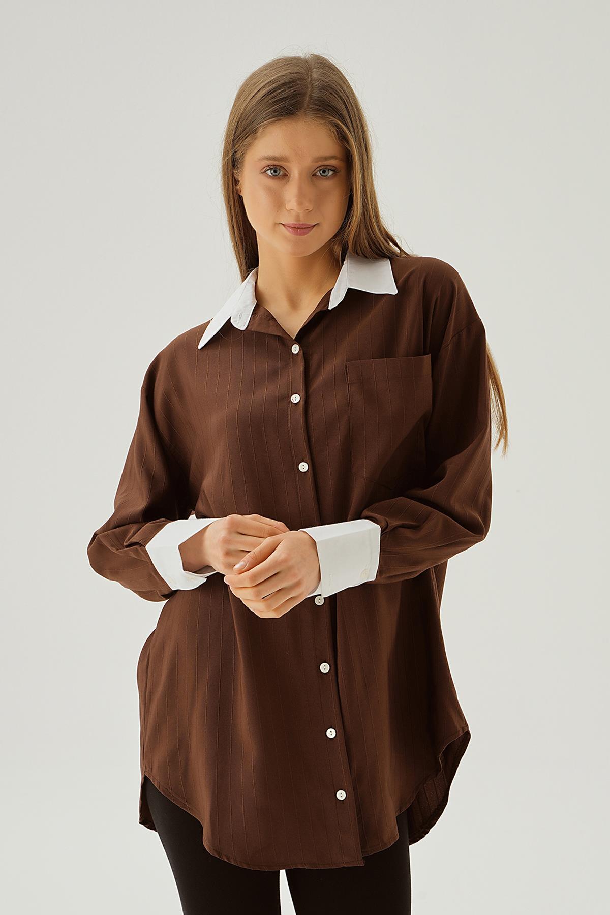 Kahve Çizgili Balon Kol Gömlek 6672-1 - 6