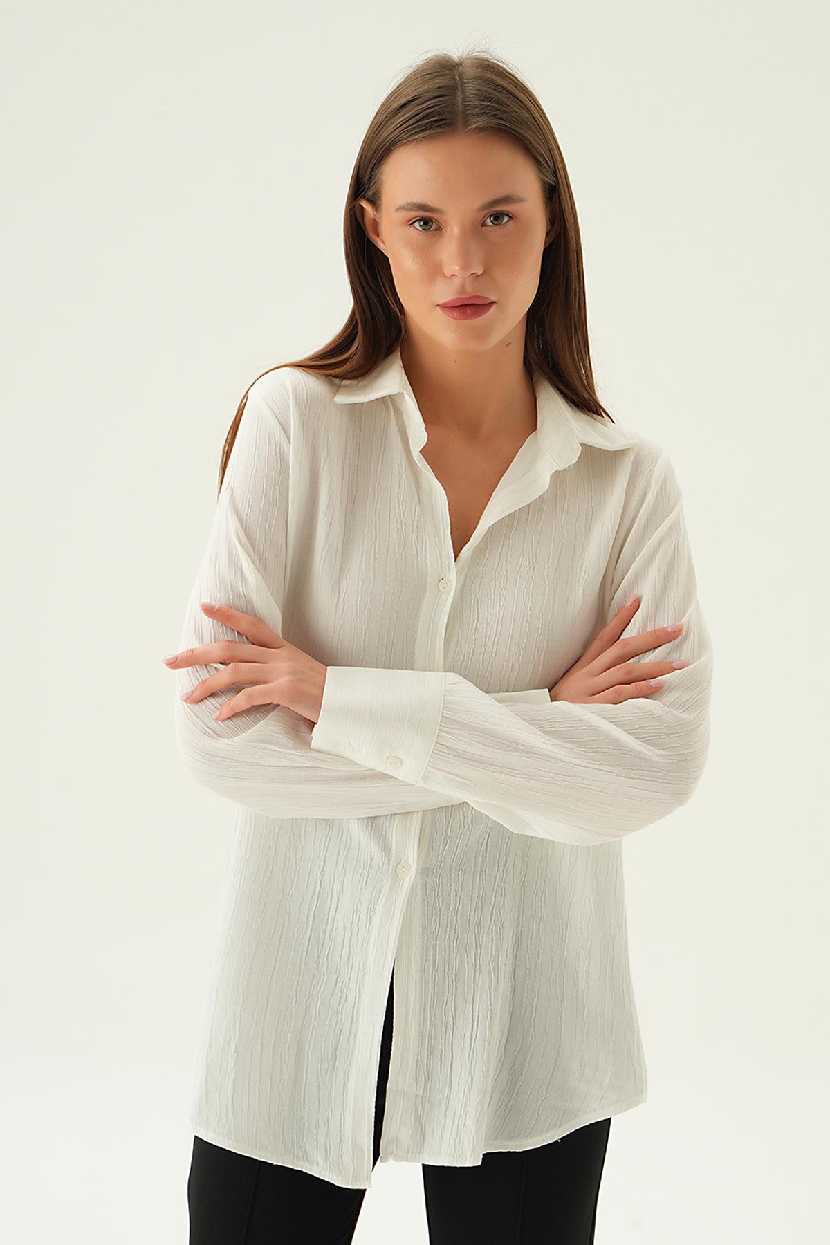 6676-1 Kol Düğme Detay Gömlek Ekru - 2