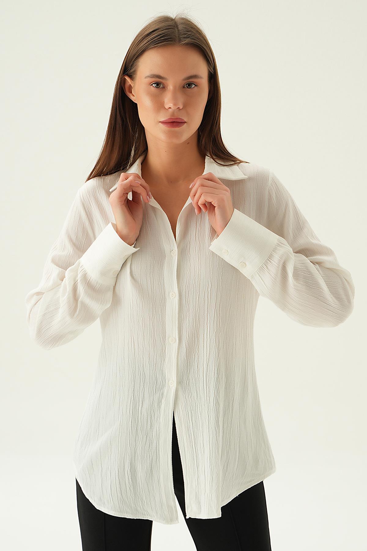 6676-1 Kol Düğme Detay Gömlek Ekru - 3