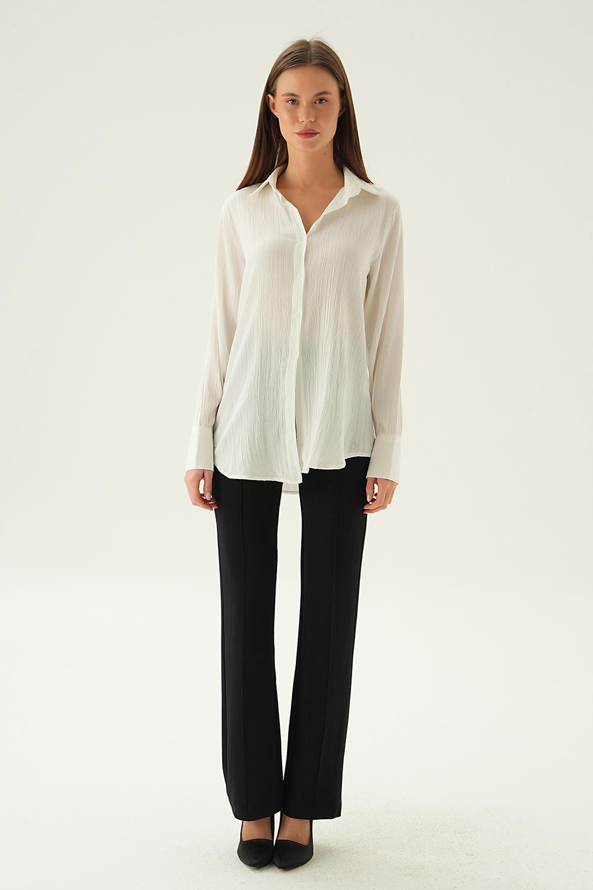 Ekru Kol Düğme Detay Gömlek 6676-1 - 6