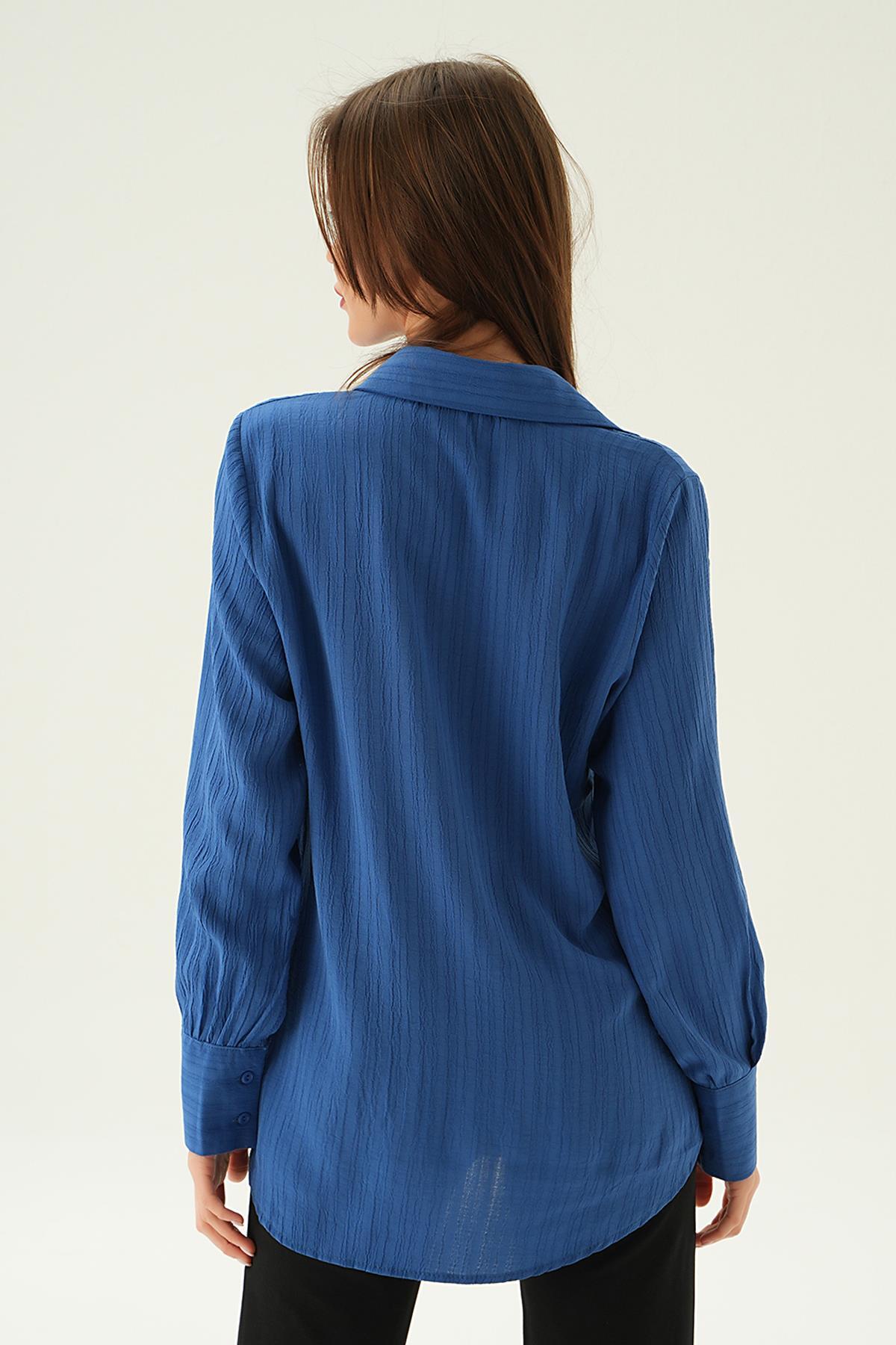 6676-1 Kol Düğme Detay Gömlek İndigo - 4