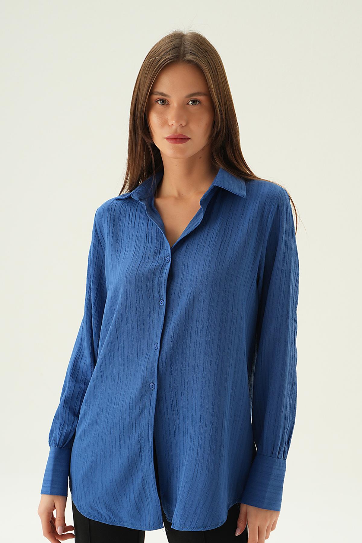 6676-1 Kol Düğme Detay Gömlek İndigo - 2