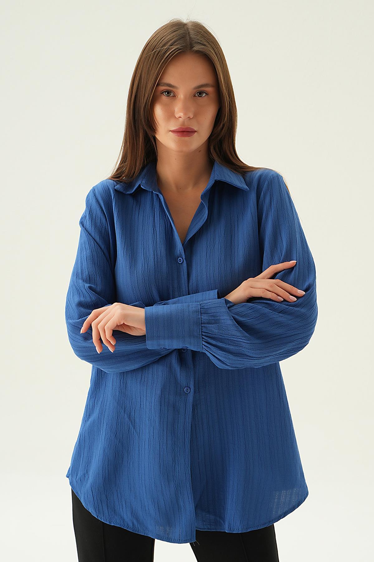 6676-1 Kol Düğme Detay Gömlek İndigo - 3