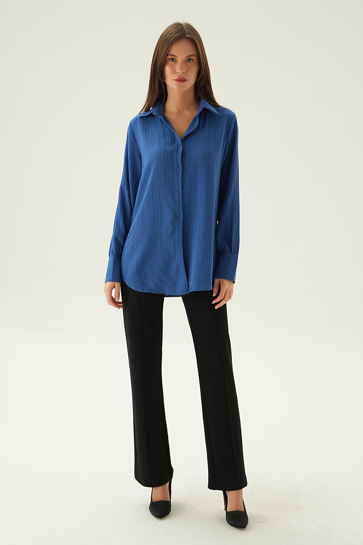 6676-1 Kol Düğme Detay Gömlek İndigo - 6