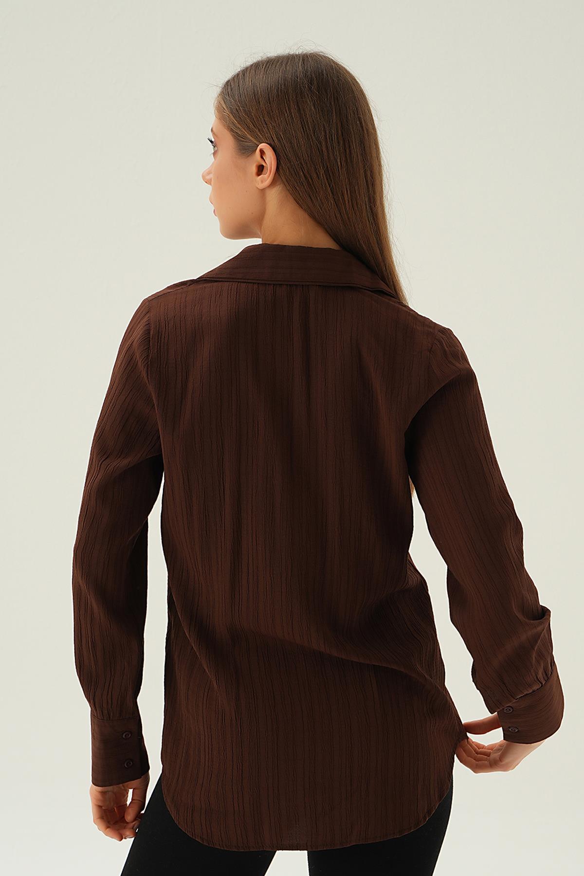 6676-1 Kol Düğme Detay Gömlek Kahve - 3