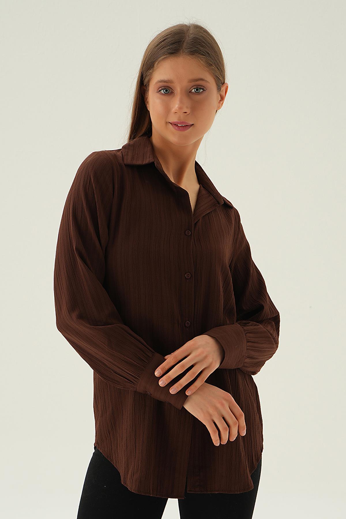 6676-1 Kol Düğme Detay Gömlek Kahve - 4
