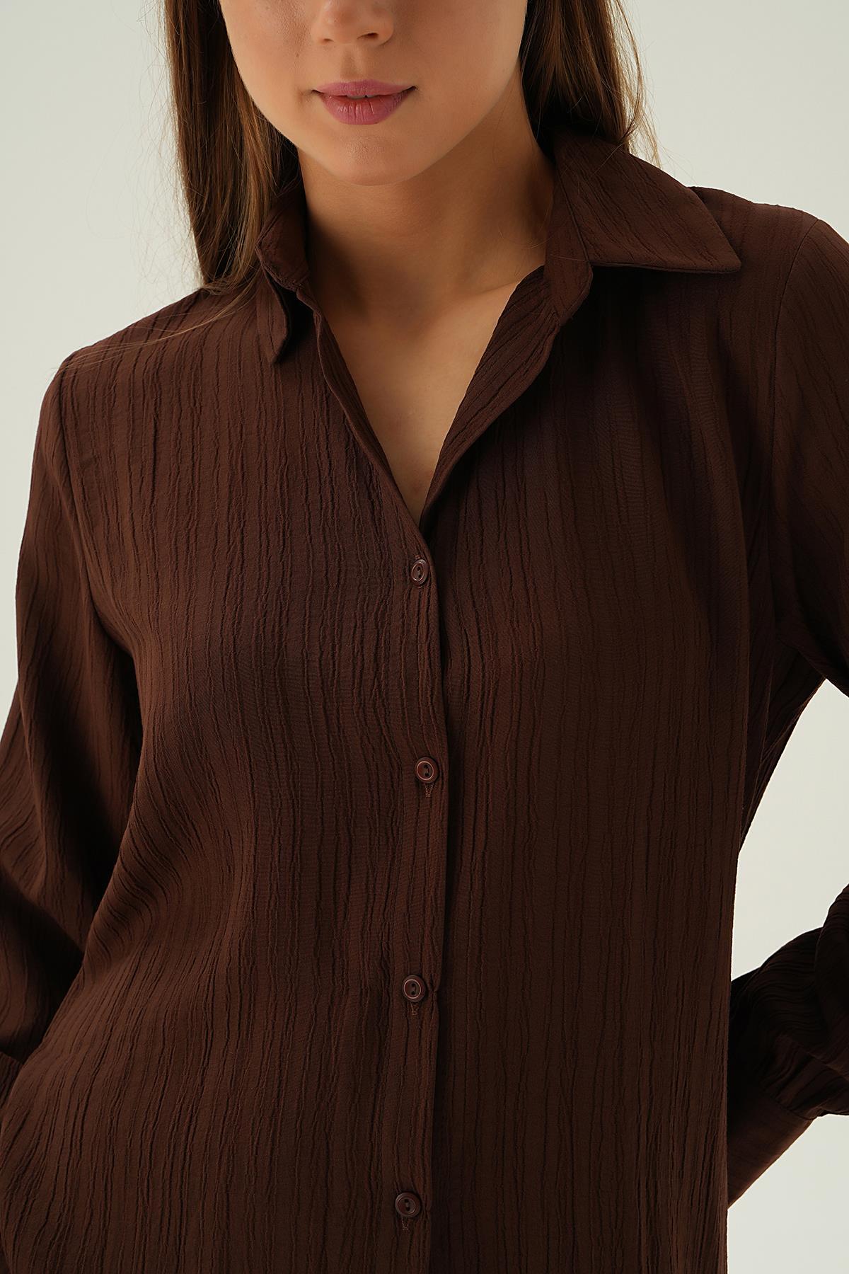 6676-1 Kol Düğme Detay Gömlek Kahve - 6