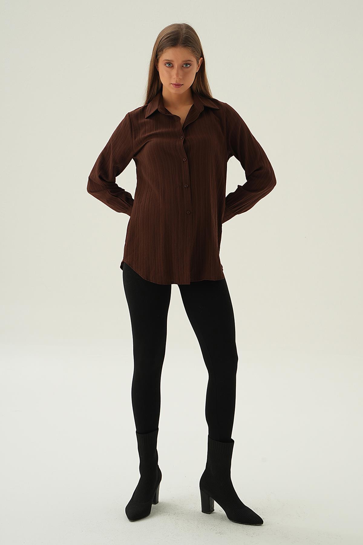 Kahve Kol Düğme Detay Gömlek 6676-1 