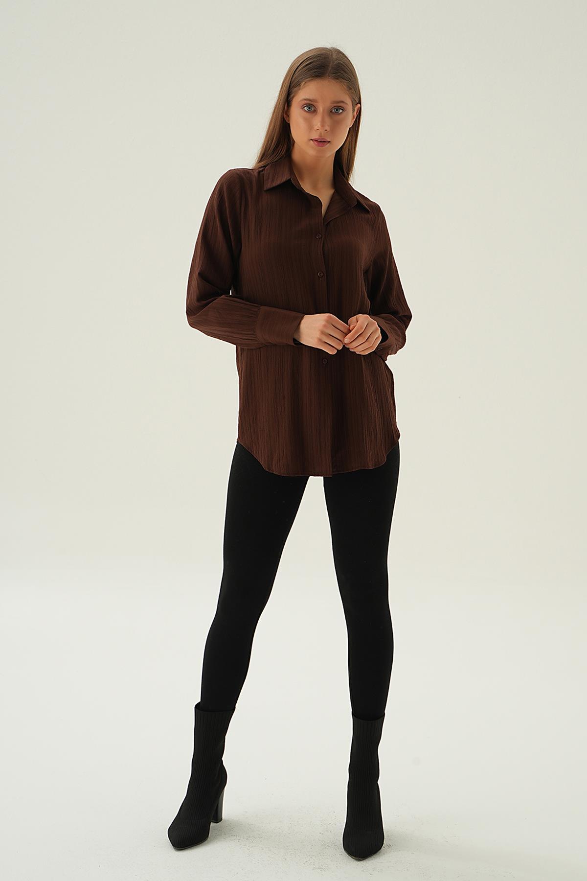 Kahve Kol Düğme Detay Gömlek 6676-1 - 2