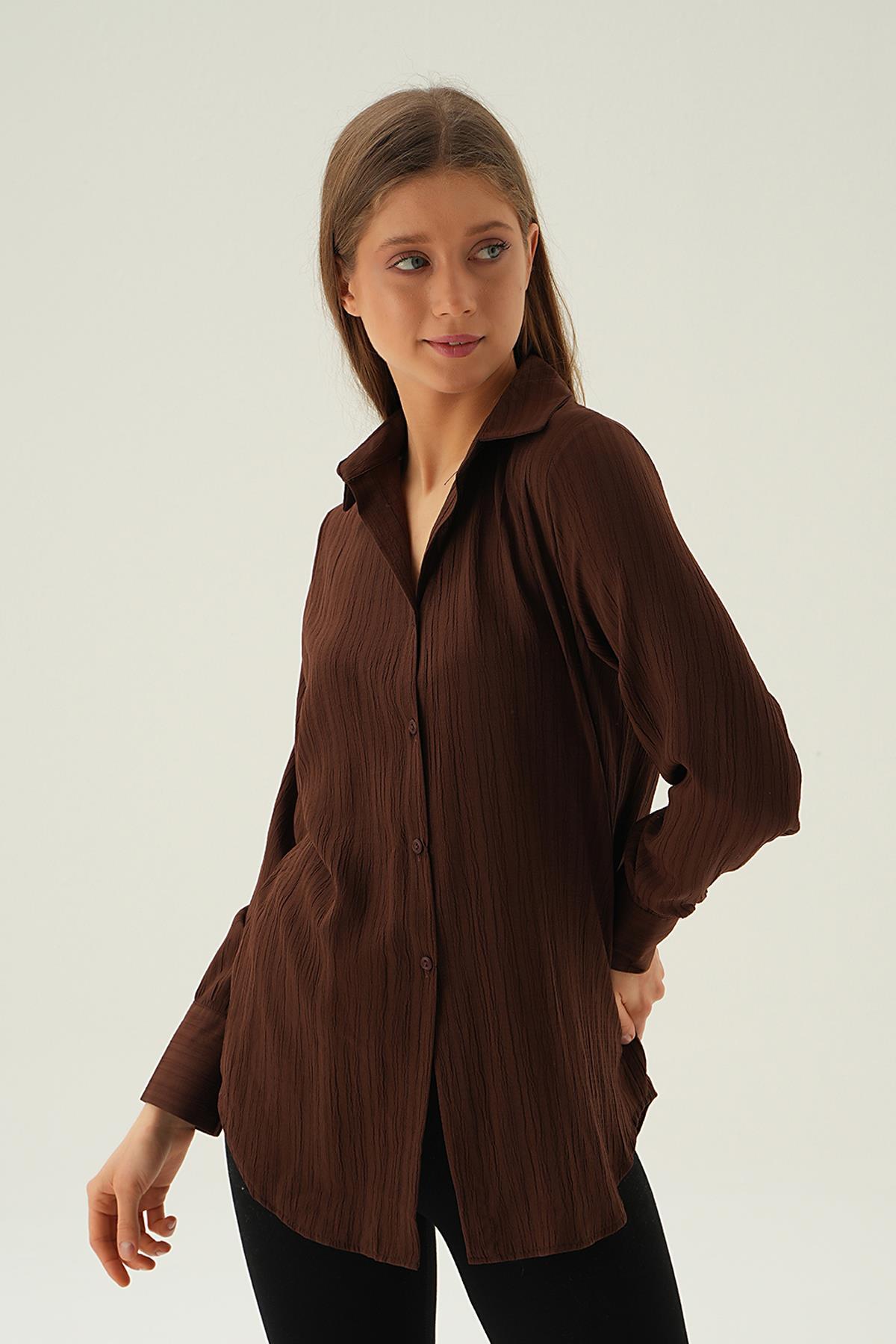 Kahve Kol Düğme Detay Gömlek 6676-1 - 5