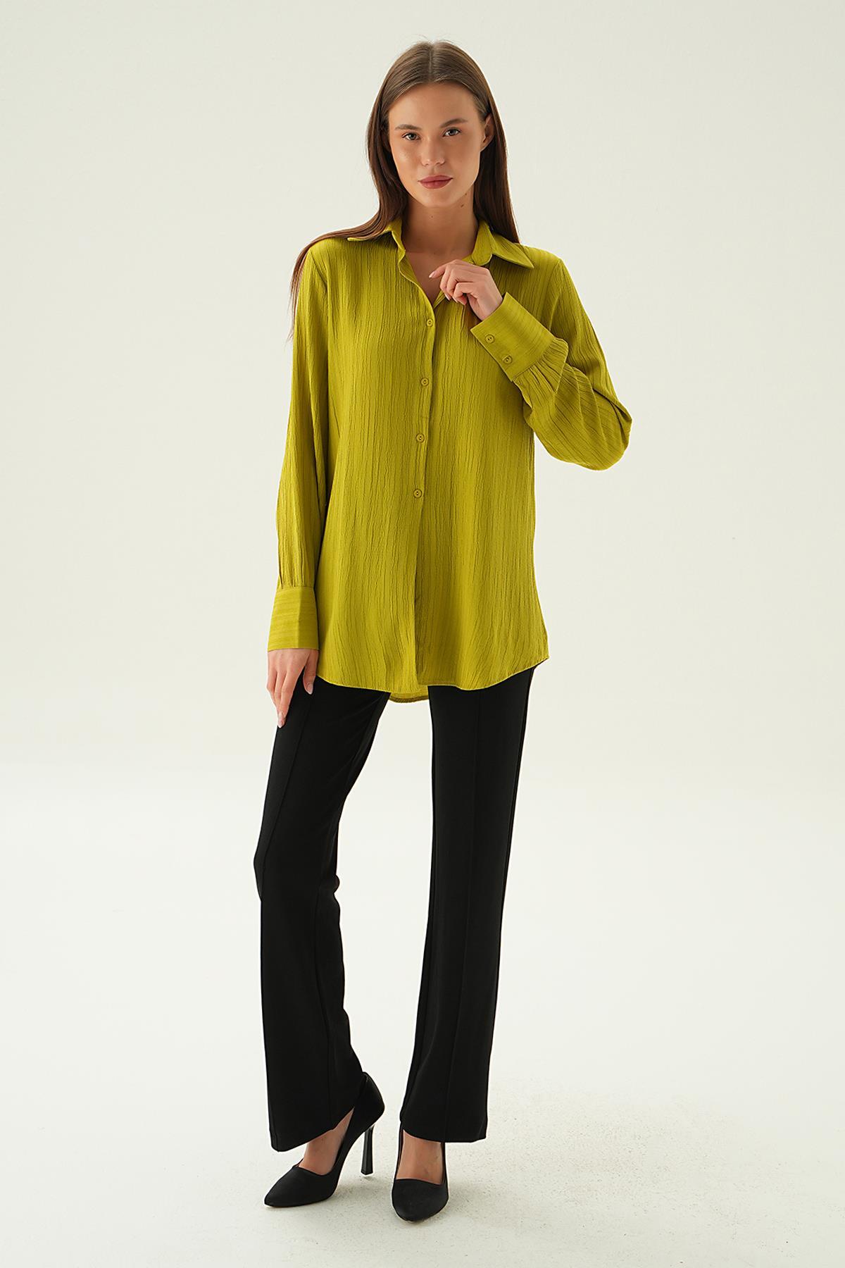 6676-1 Kol Düğme Detay Gömlek Olive Yeşili - 1