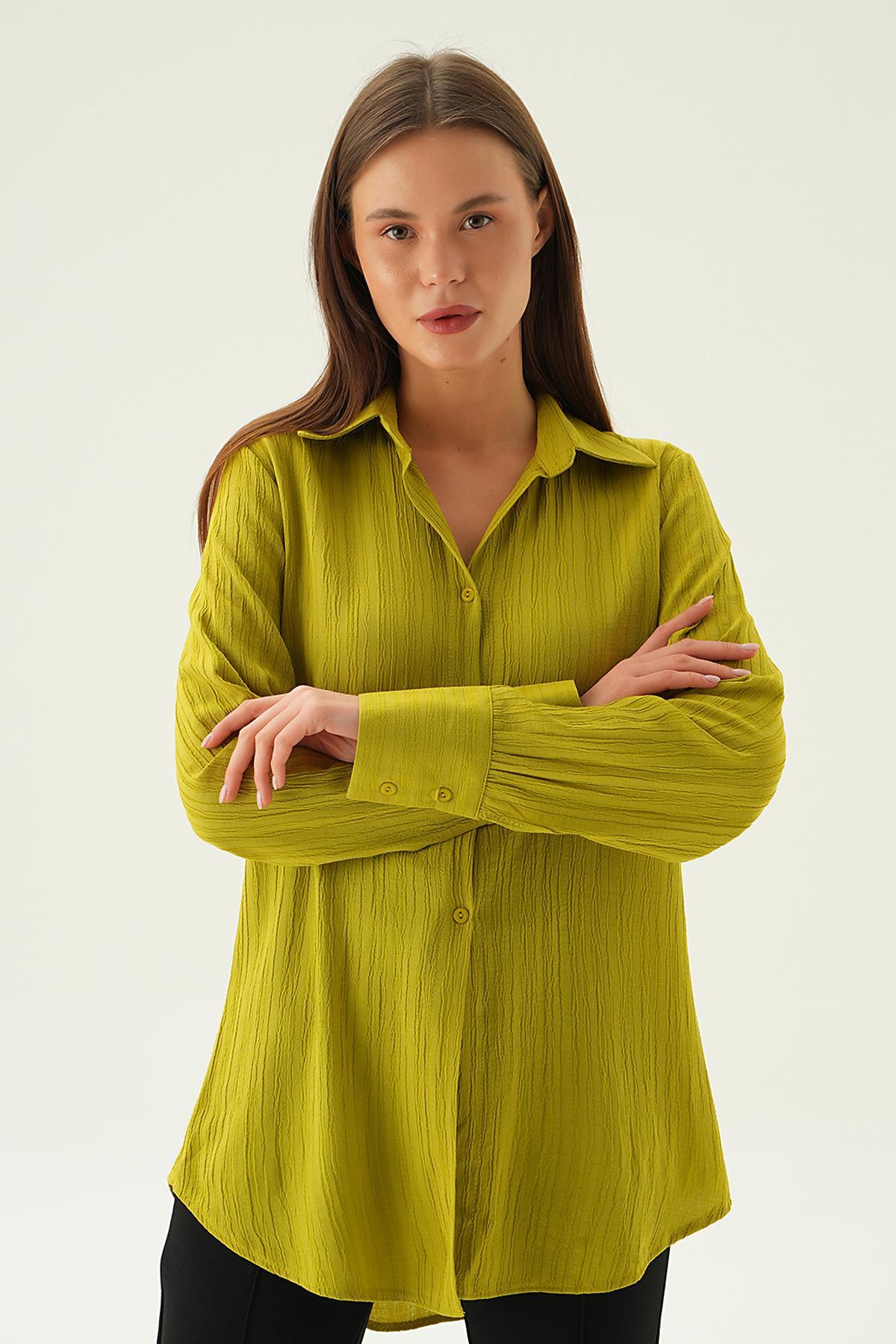 6676-1 Kol Düğme Detay Gömlek Olive Yeşili - 2
