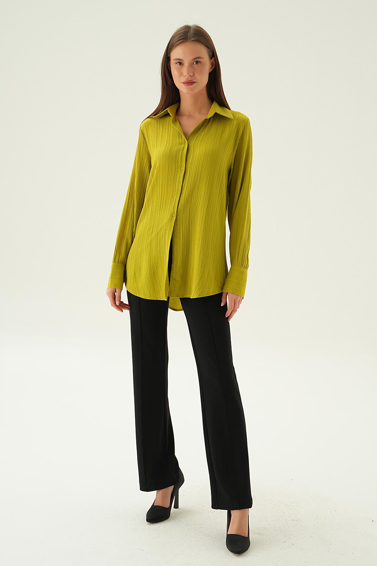 6676-1 Kol Düğme Detay Gömlek Olive Yeşili - 6