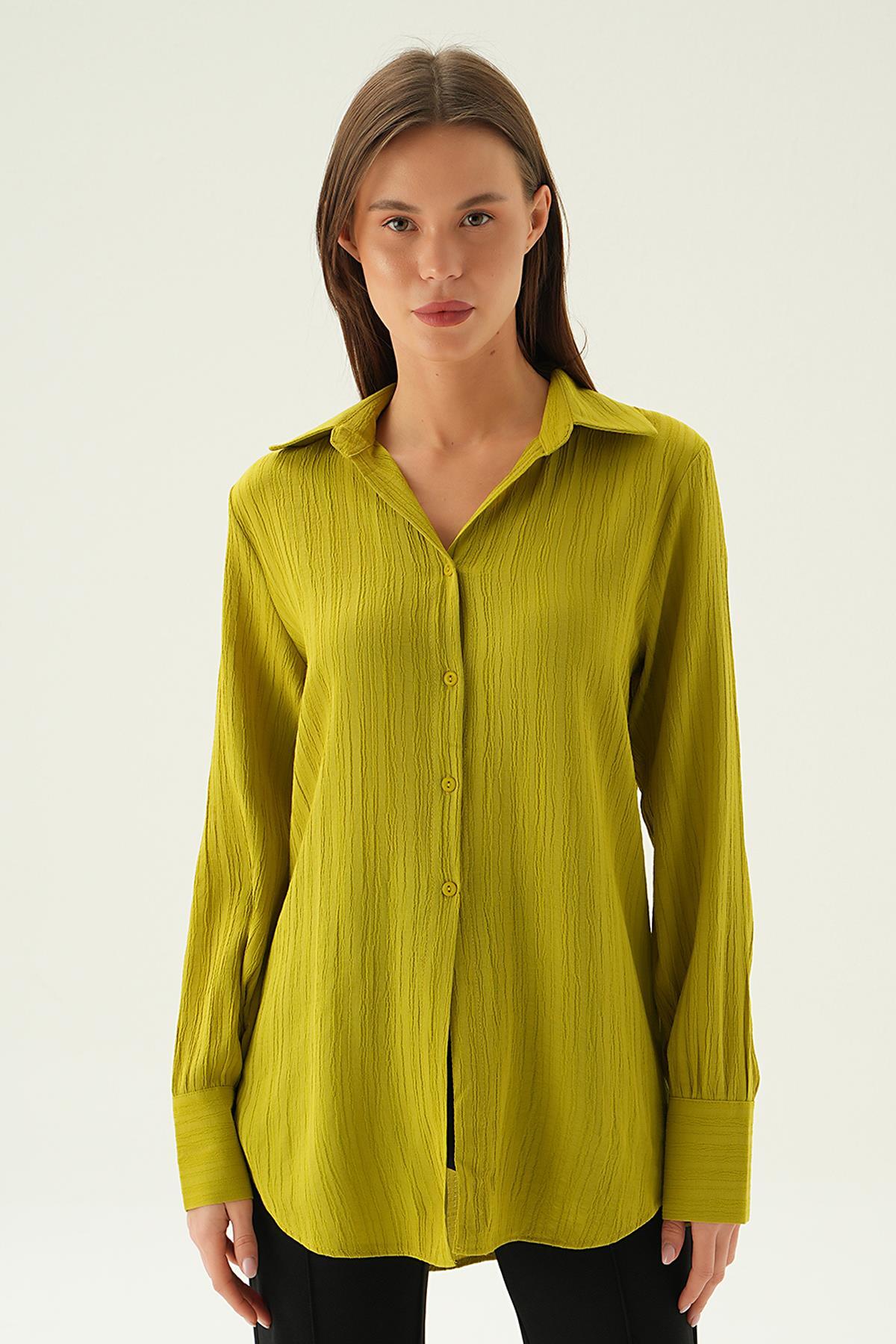 Olive Yeşili Kol Düğme Detay Gömlek 6676-1 - 4