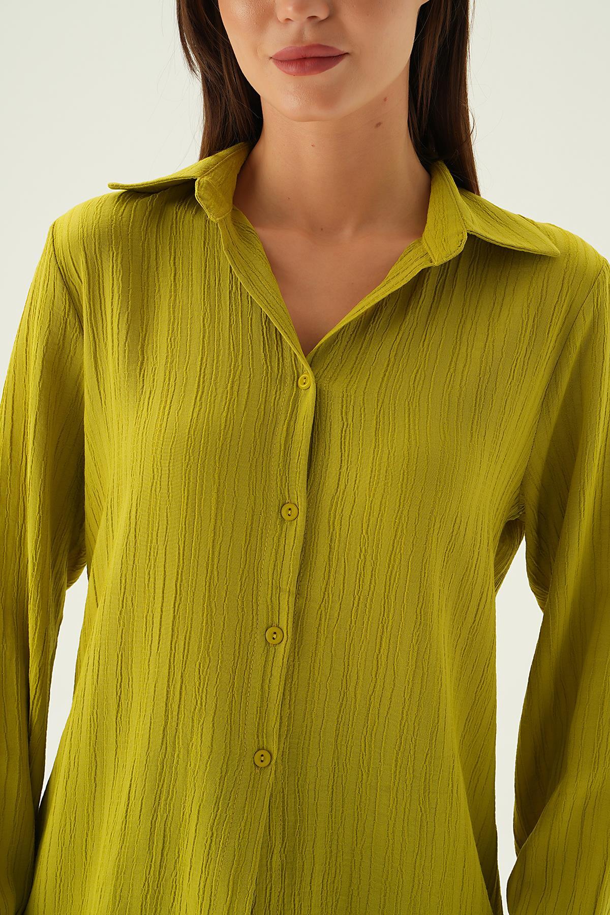 Olive Yeşili Kol Düğme Detay Gömlek 6676-1 - 5